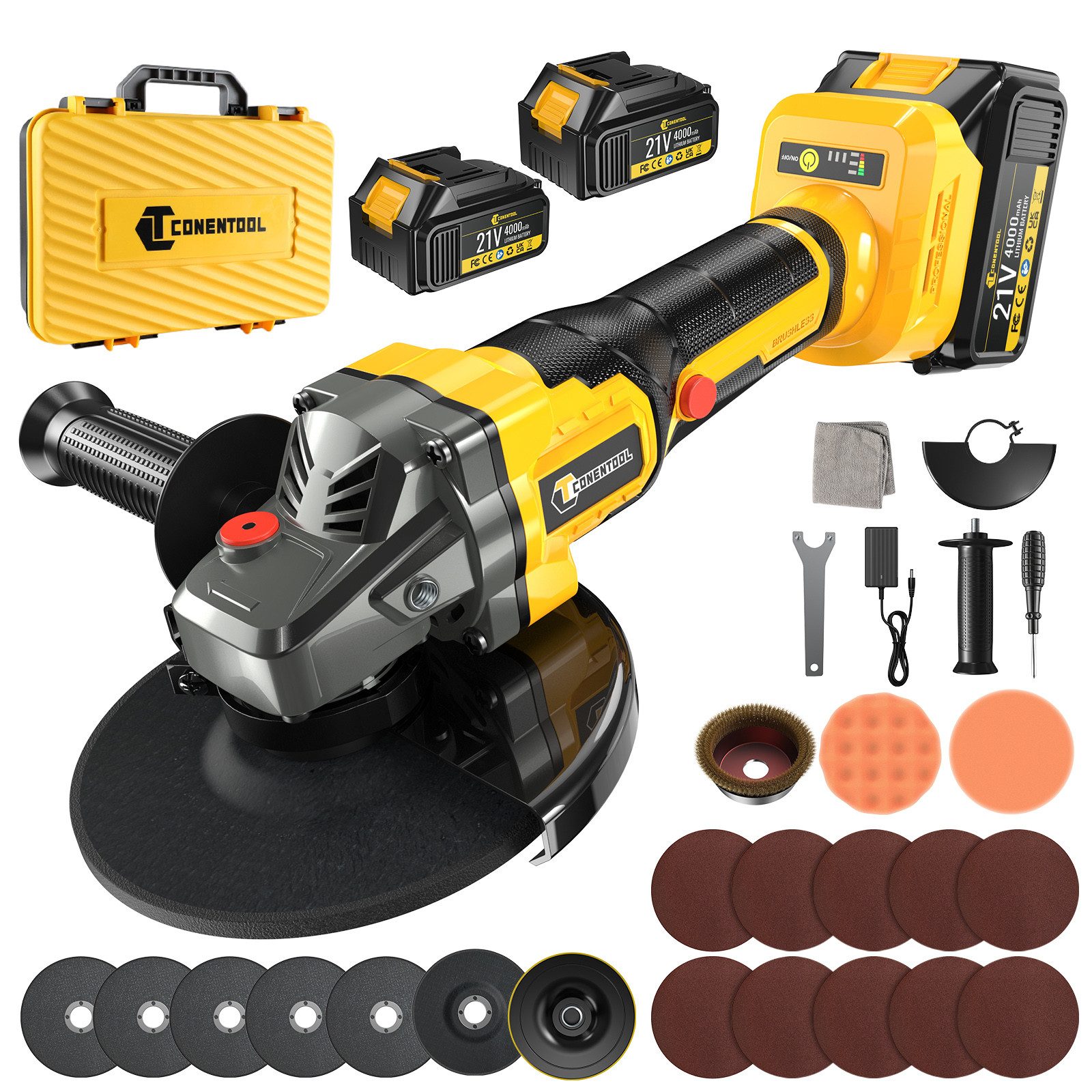 CONENTOOL Akku-Winkelschleifer 21V Multifunktions-Schleifmaschine 125mm, mit 2x 4000mAh Akkus, max. 11000 U/min, (mit Zubehör und Werkzeugkoffer), 3 Geschwindigkeiten, zum Schneiden, Schleifen, Polieren, Entrosten