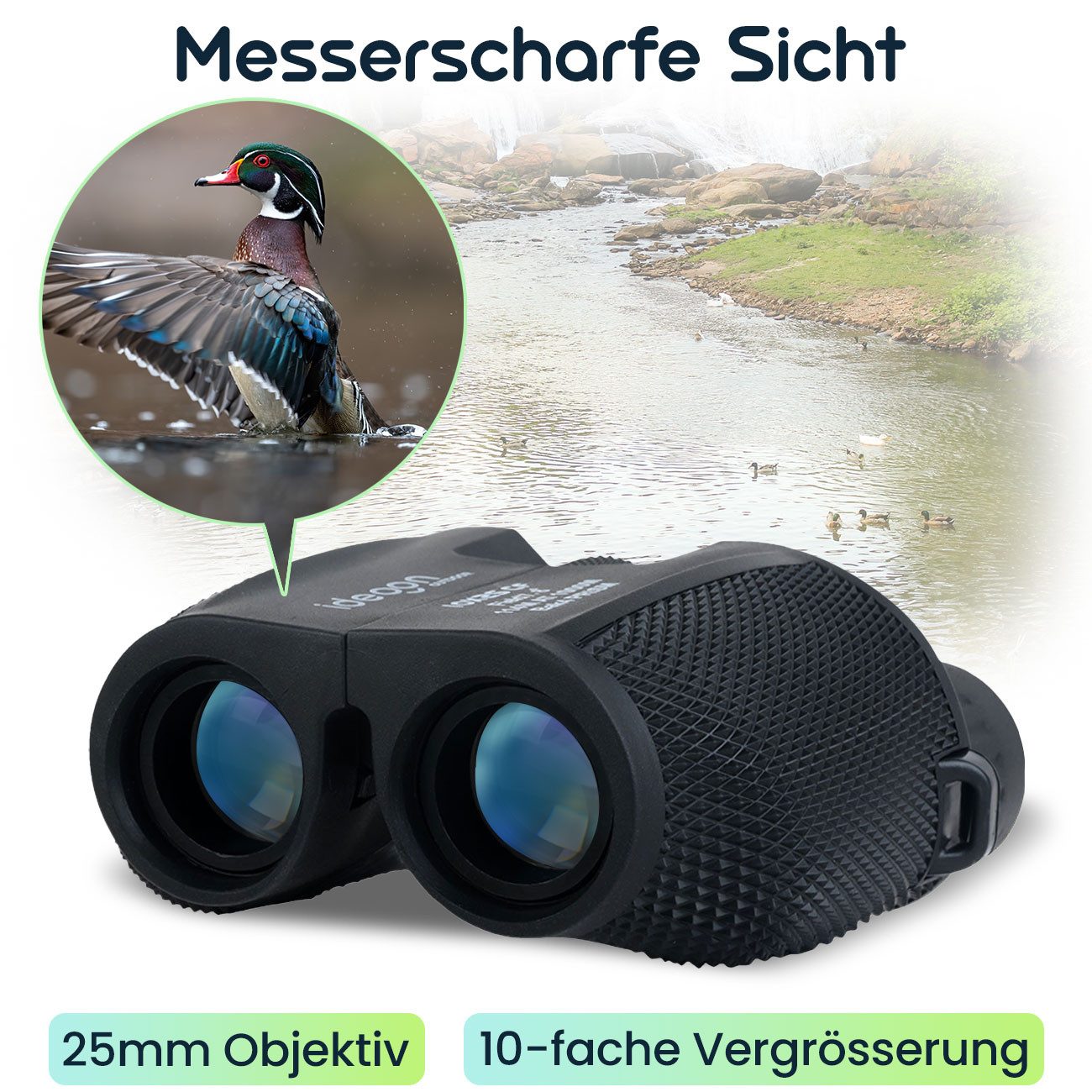 shop'n smile ideoon Mini Fernglas 10x25: Kompakt-Feldstecher für Jagd, Wandern & Outdoor Fernglas (Mit Nachtsicht, BAK4 Prisma & Tasche)
