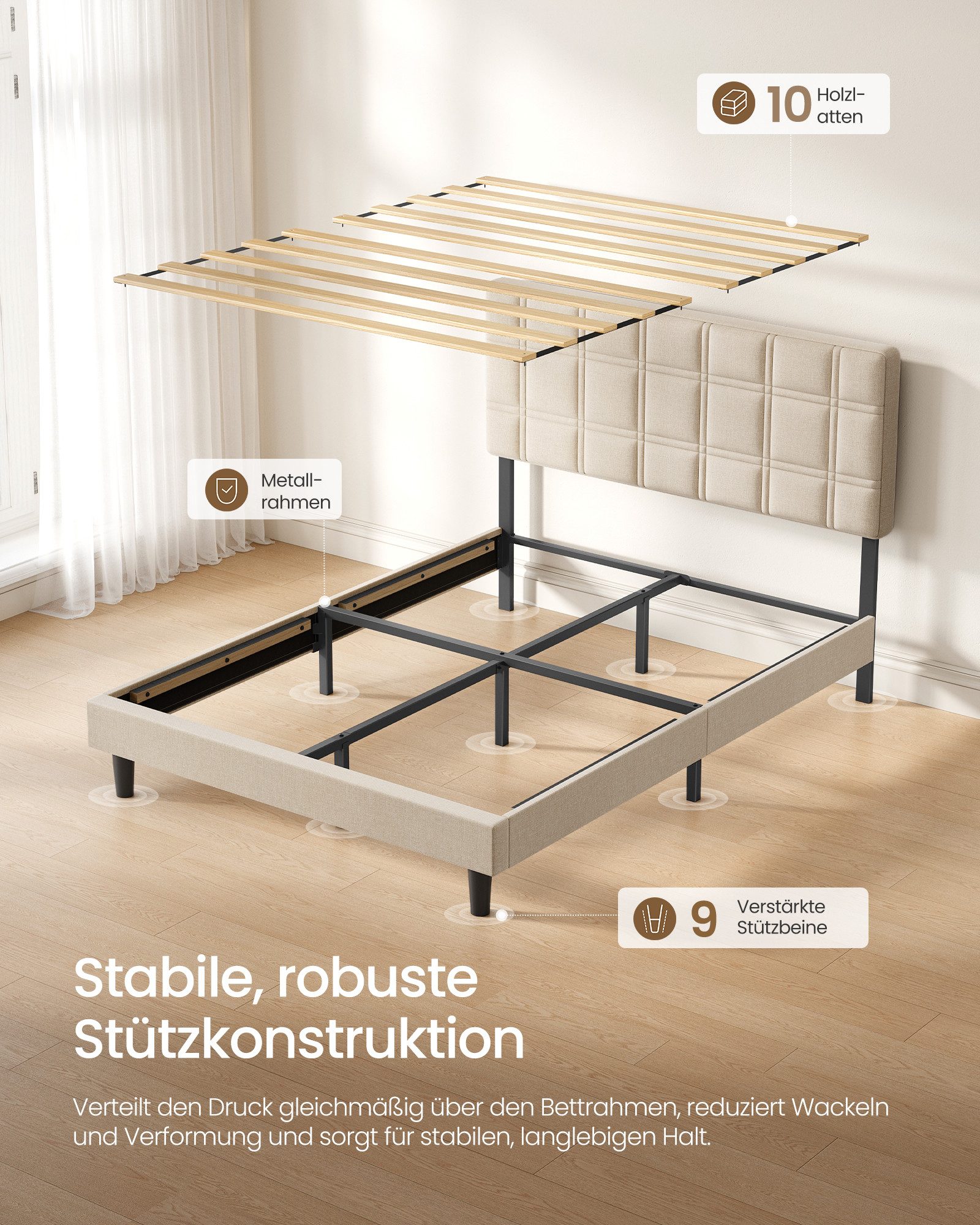 VASAGLE Polsterbett Doppelbett mit Gepolstertem und höheverstellbarem Kopfteil, 140 x 200 cm Cappuccinobeige,Geräuschlos und Einfache Montage – Bild 4 von 5