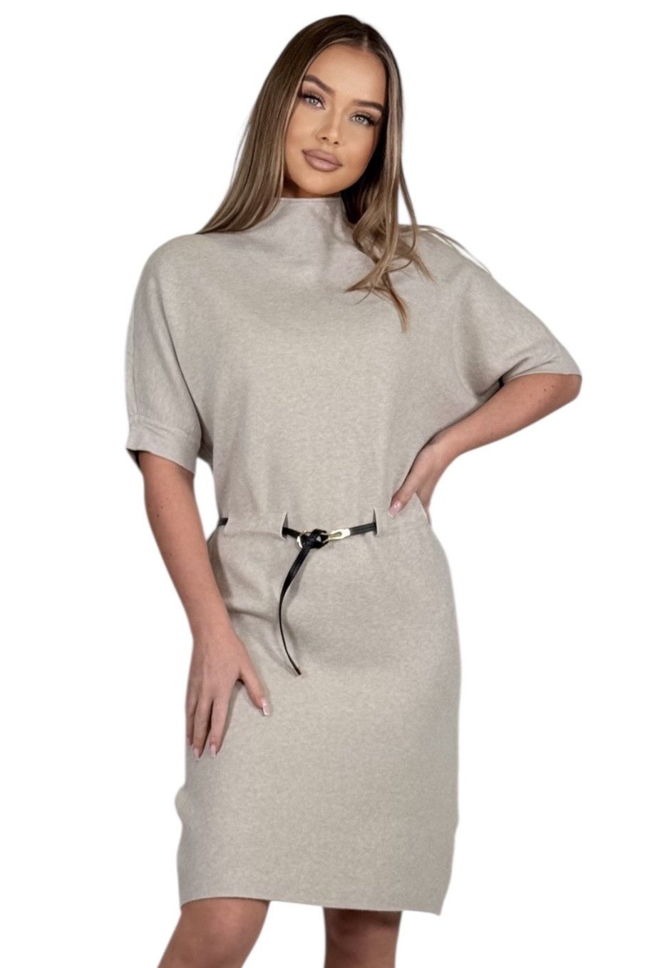 Mississhop Strickkleid Damen Strickkleid mit Stehkragen und Gürtel M. 426