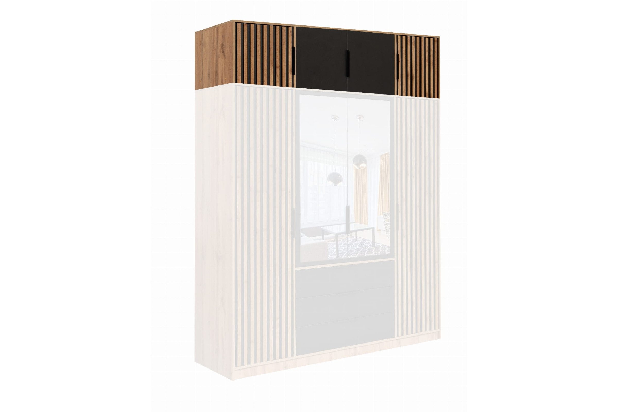 Deine Möbel 24 Kleiderschrank LABOO LUX D4 Drehtürenschrank 196 cm breit mit Spiegel und Schubladen (Set, 1-St., LABOO LUX - Kollektion) Lamellenoptik in Eiche Wotan/Schwarz/Weiß, optional mit Aufsatz