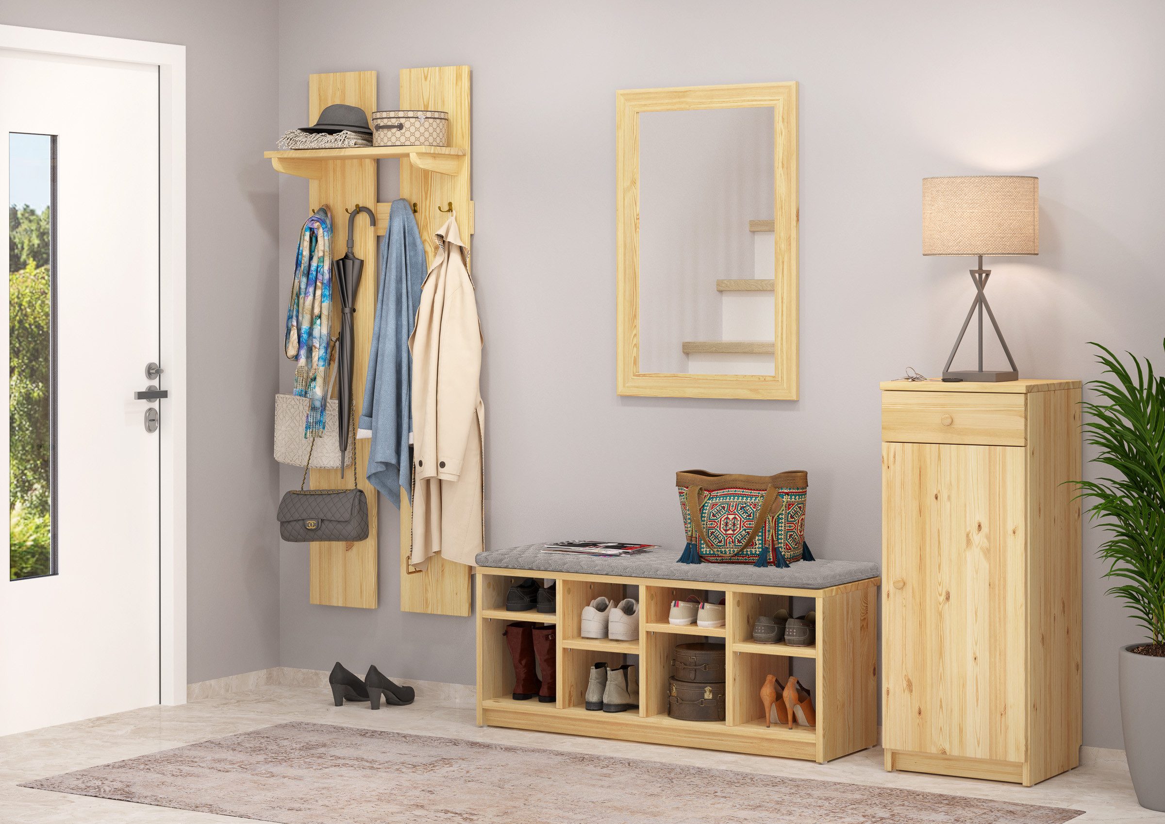 ERST-HOLZ Schuhkommode Garderobenschrank Flurkommode 100 x 37 x 40 Kiefer Massiv, V-90.51-04 - Kiefer natur