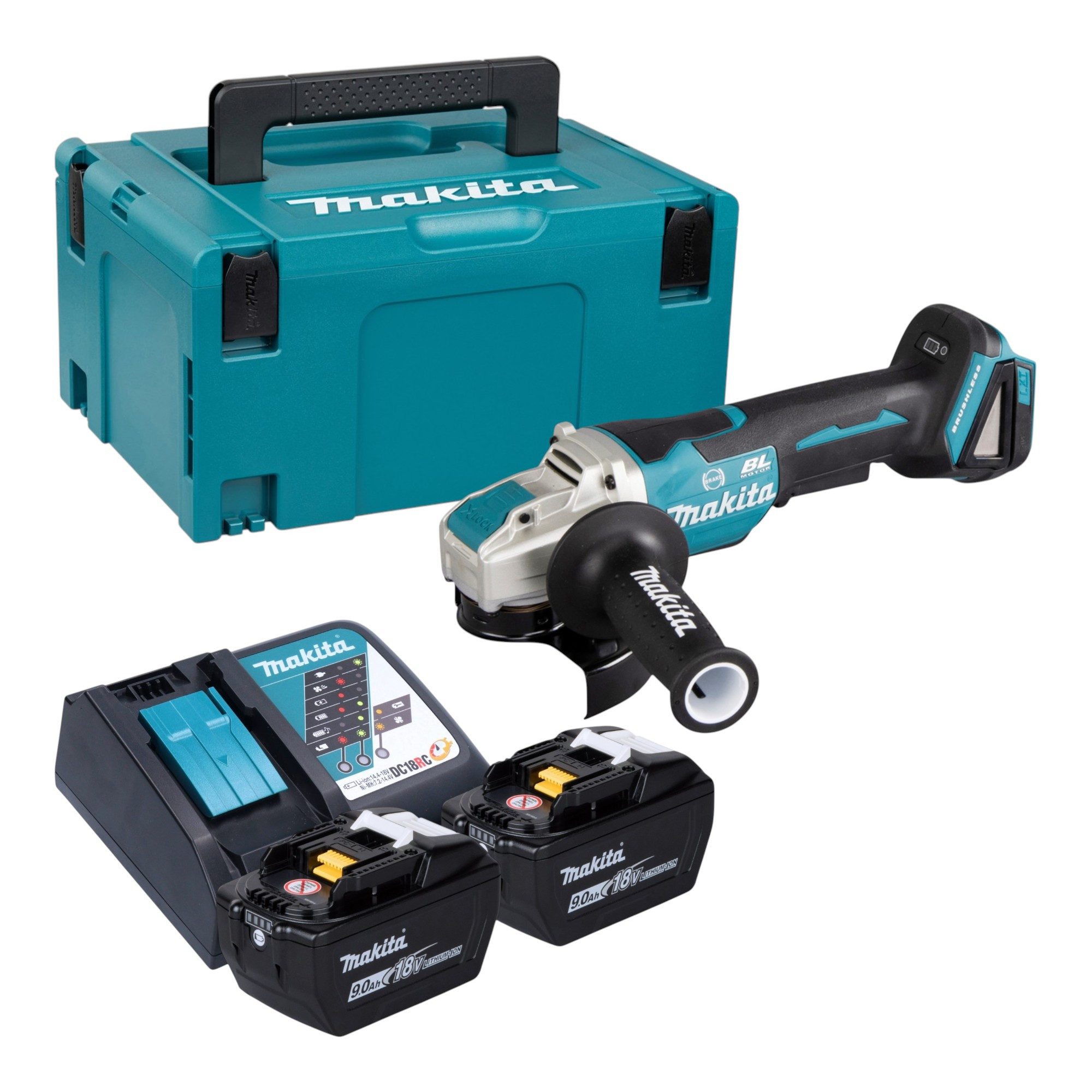 Makita Akku-Winkelschleifer DGA 520 ZX1 18 V 125 mm X-LOCK Brushless + 2x Akku 9,0 Ah + Ladegerät