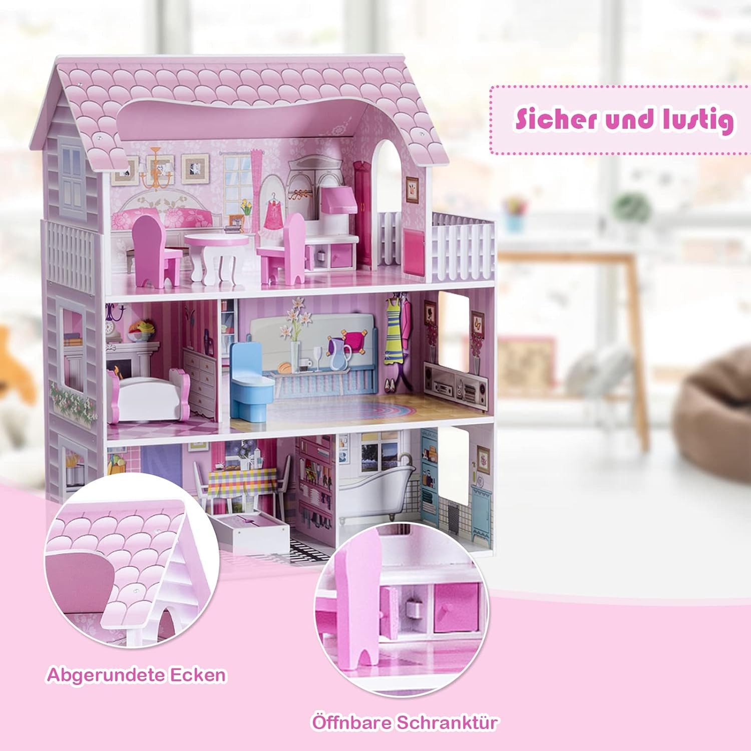 KOMFOTTEU Puppenhaus Puppenstube, 3 Etagen, mit Möbeln und Zubehör – Bild 5 von 5