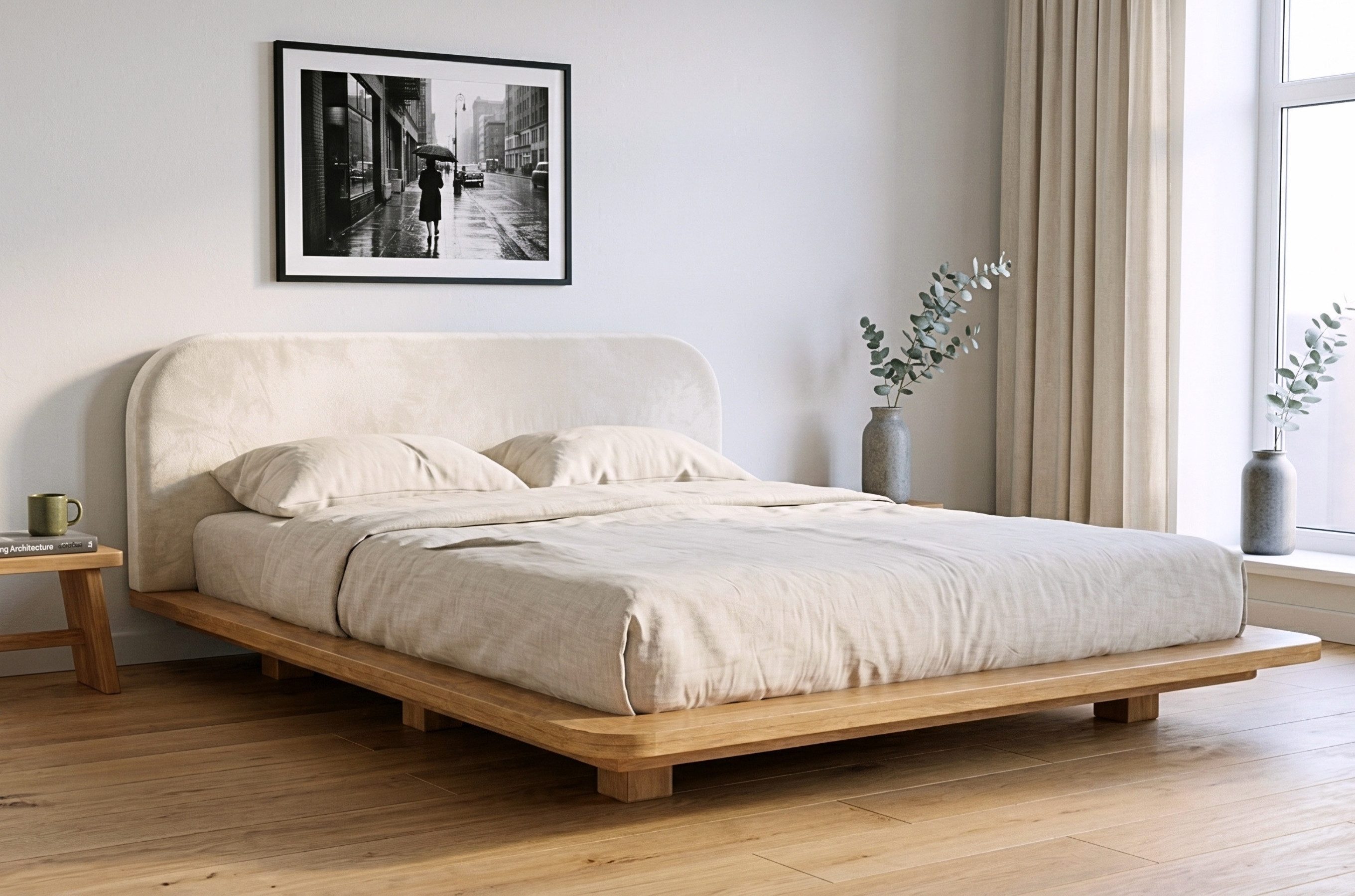 Eyko Holzbett Bora (Buchenbett Futonbett mit Schwebeeffekt), mit gepolstertem Kopfteil, 140/200, Buche - lackiert, Naturfarbe