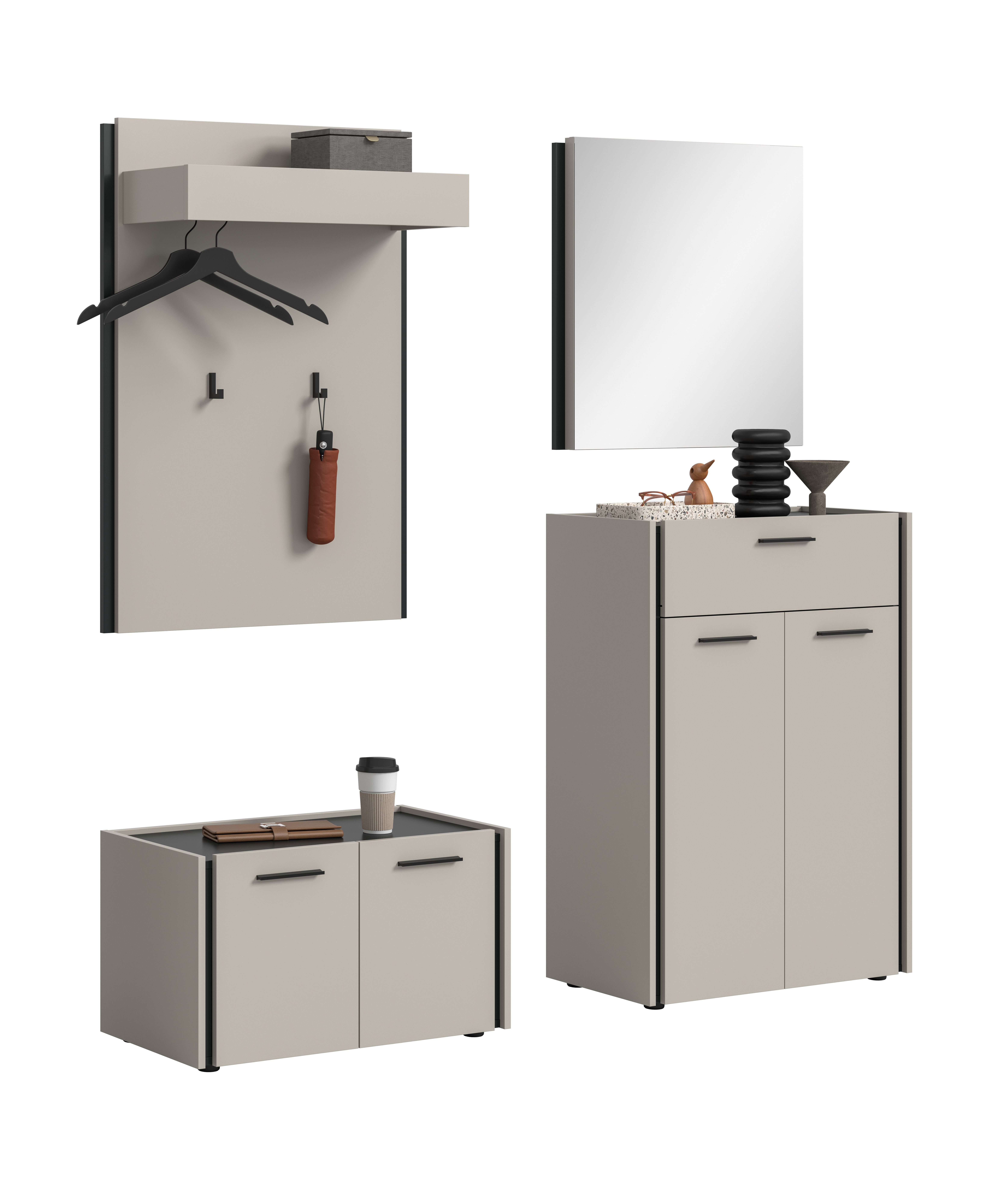 furnling Garderoben-Set Emel, (4-St., Garderobenpaneel, Schuhkommode, Sitzbank, Spiegel), Flurmöbel, Soft-Close, pflegeleichte MDF-Front, Breite 165 cm