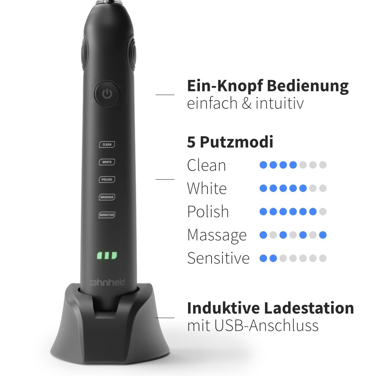 Zahnheld Elektrische Zahnbürste Schallzahnbürste Gero G2 mit Etui schwarz, 5 Putzmodi, Zahnpflege, Mundpflege, Reisezahnbürste, Zahnbürste mit Schall, USB Lades – Bild 5 von 5