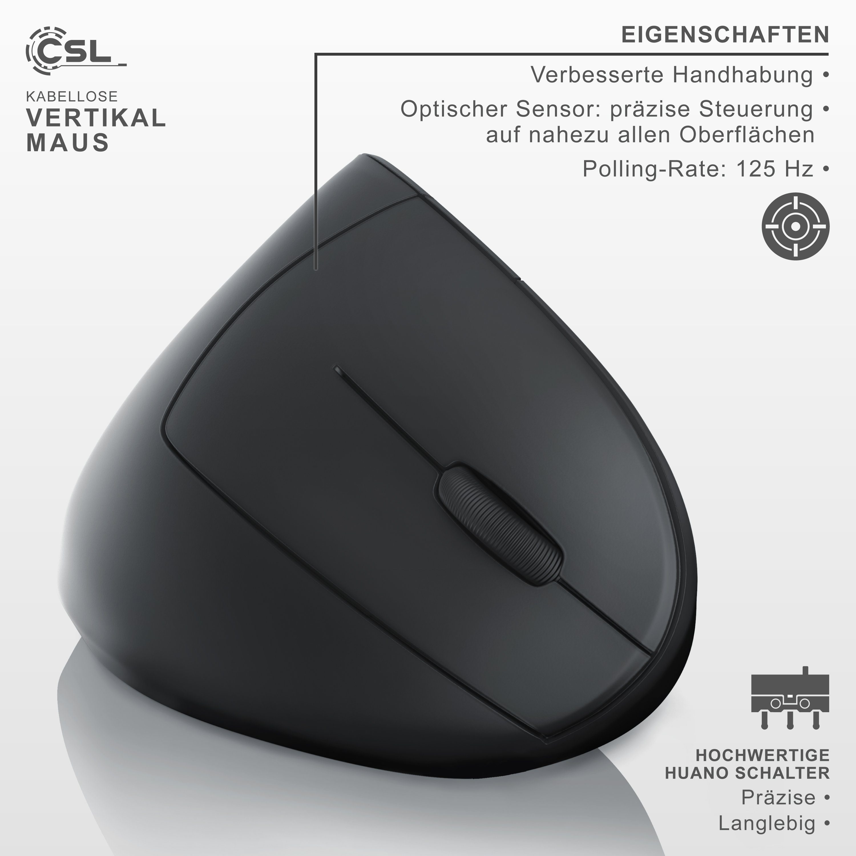 CSL Vertikale Mouse, optischer Sensor, kabellos, BT + 2,4 Ghz Funk ergonomische Maus (Wireless Bluetooth und Funk, Vorbeugung von Mausarm / Tennisarm)