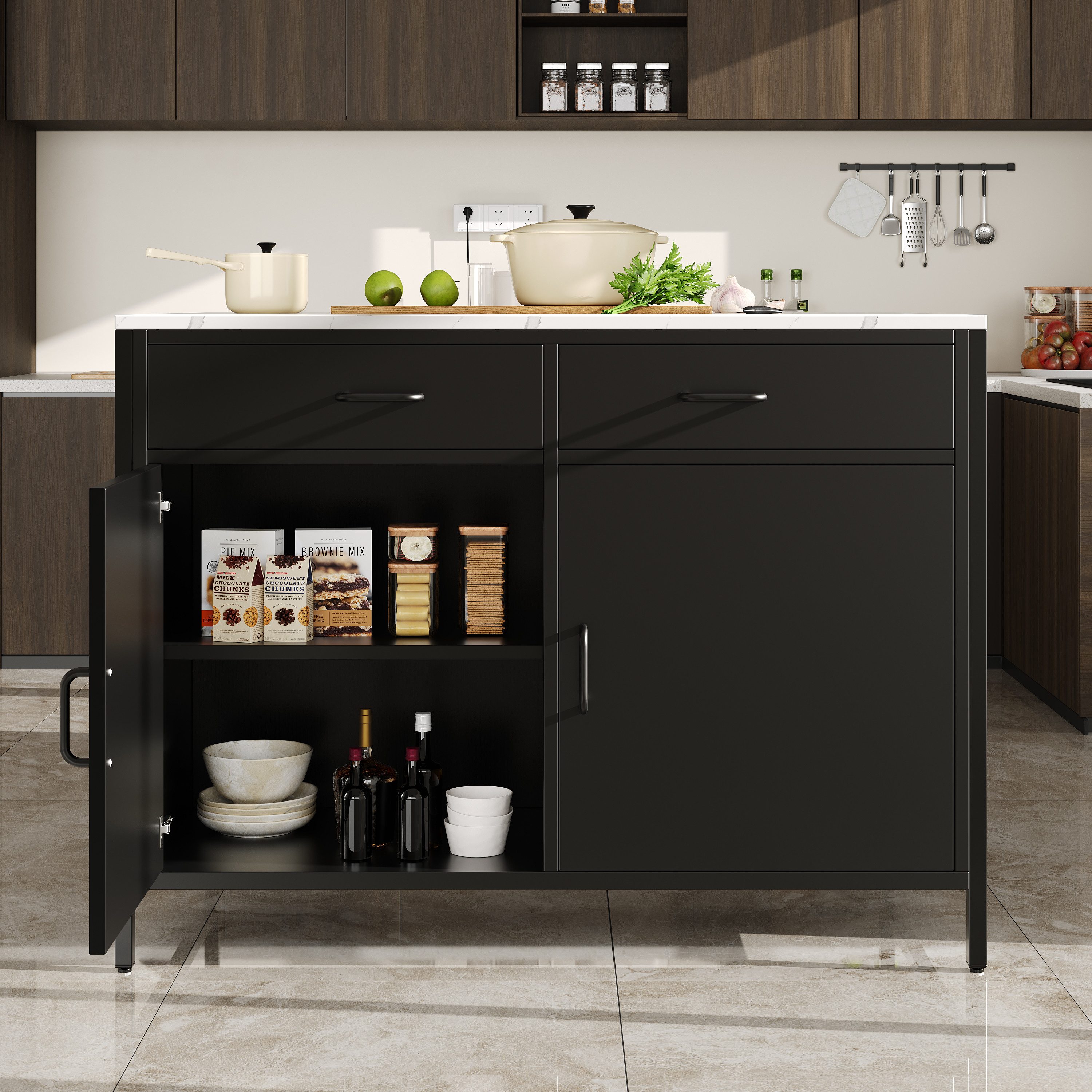 Flieks Stehtisch Bartisch/Küchenschrank mit 2 Schubladen und Türen (B100/T90/H90 cm, 1-St., Arbeitsplatte in weiße Marmoroptik, mit verstellbare Fußpolstern), Küchentisch mit Kommode Kücheninsel mit Esstisch schwarz, Eisengestell