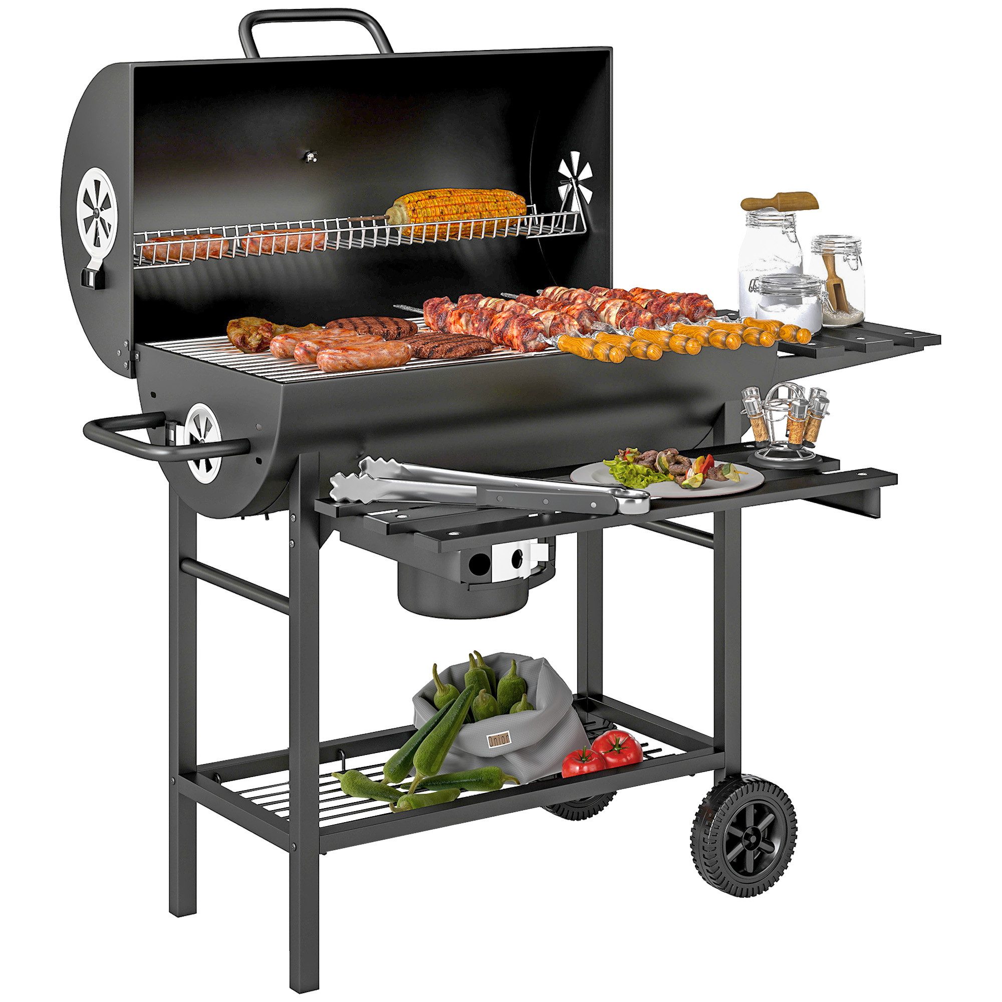 Outsunny Holzkohlegrill mit Deckel,Griffe, Thermometer, Räder, BBQ Smoker, Grillwagen, für BBQ Camping Terrasse Garten 114 x 65 x 95 cm
