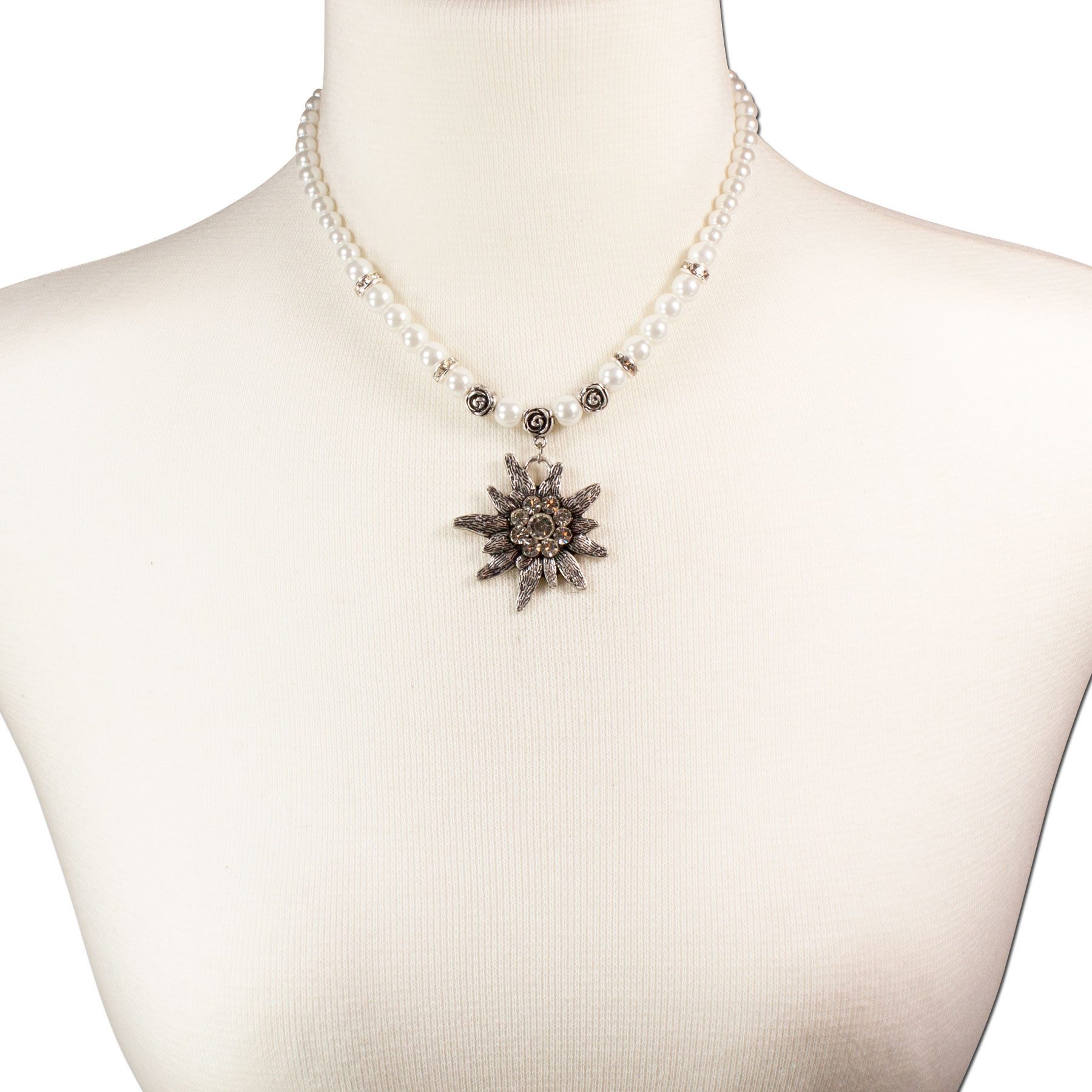 Alpenflüstern Collier Perlen-Trachtenkette Fiona mit Strass-Edelweiß groß (creme-weiß), - Damen-Trachtenschmuck Dirndlkette – Bild 4 von 4