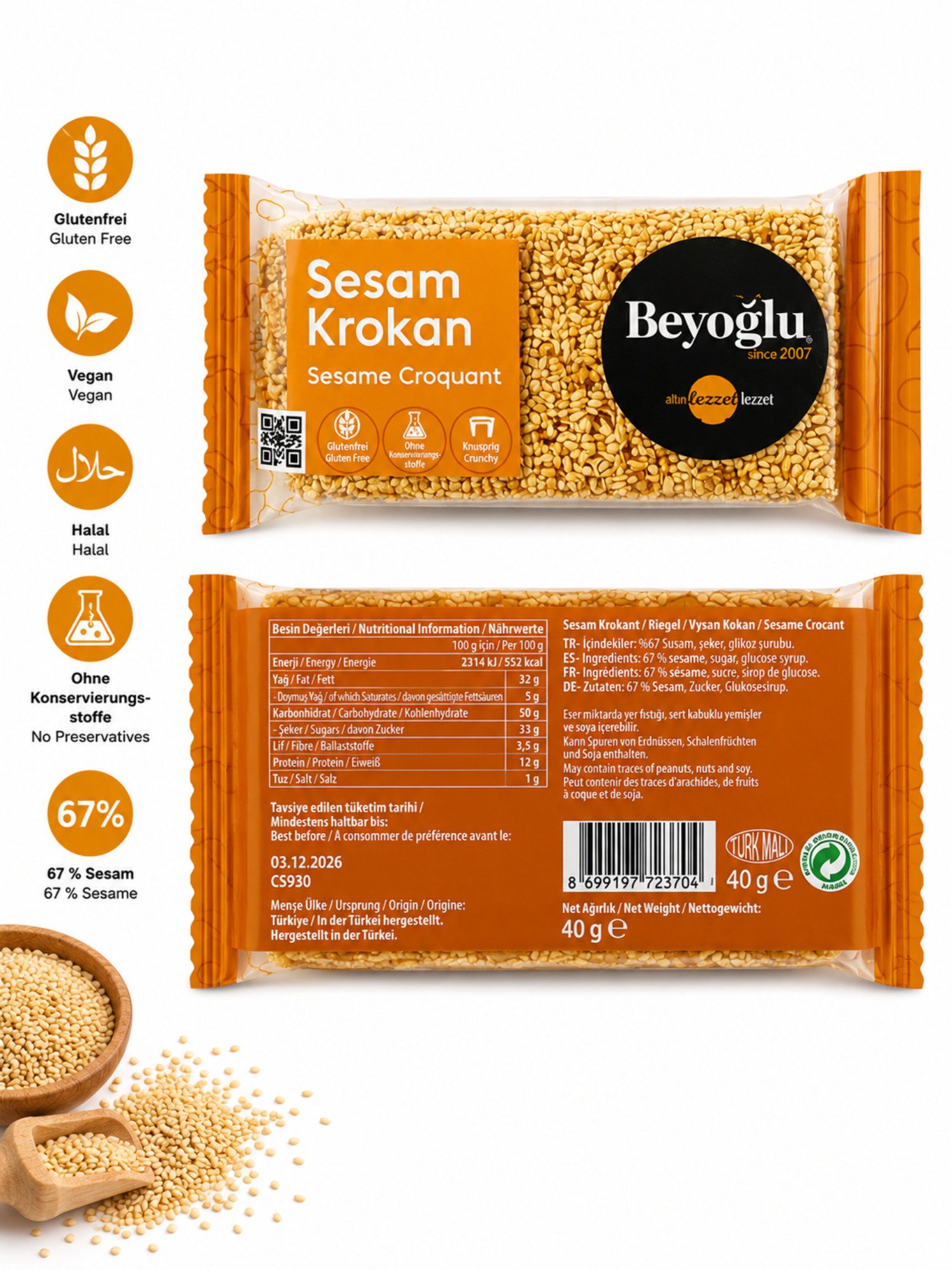 Beyoglucitiri Cerealien Beyoğlu Sesam Krokant 40 g – glutenfrei und knusprig, 1 x 1 St., Glutenfrei; Knusprig; Ohne Konservierungsstoffe; Mit 67 % Sesam