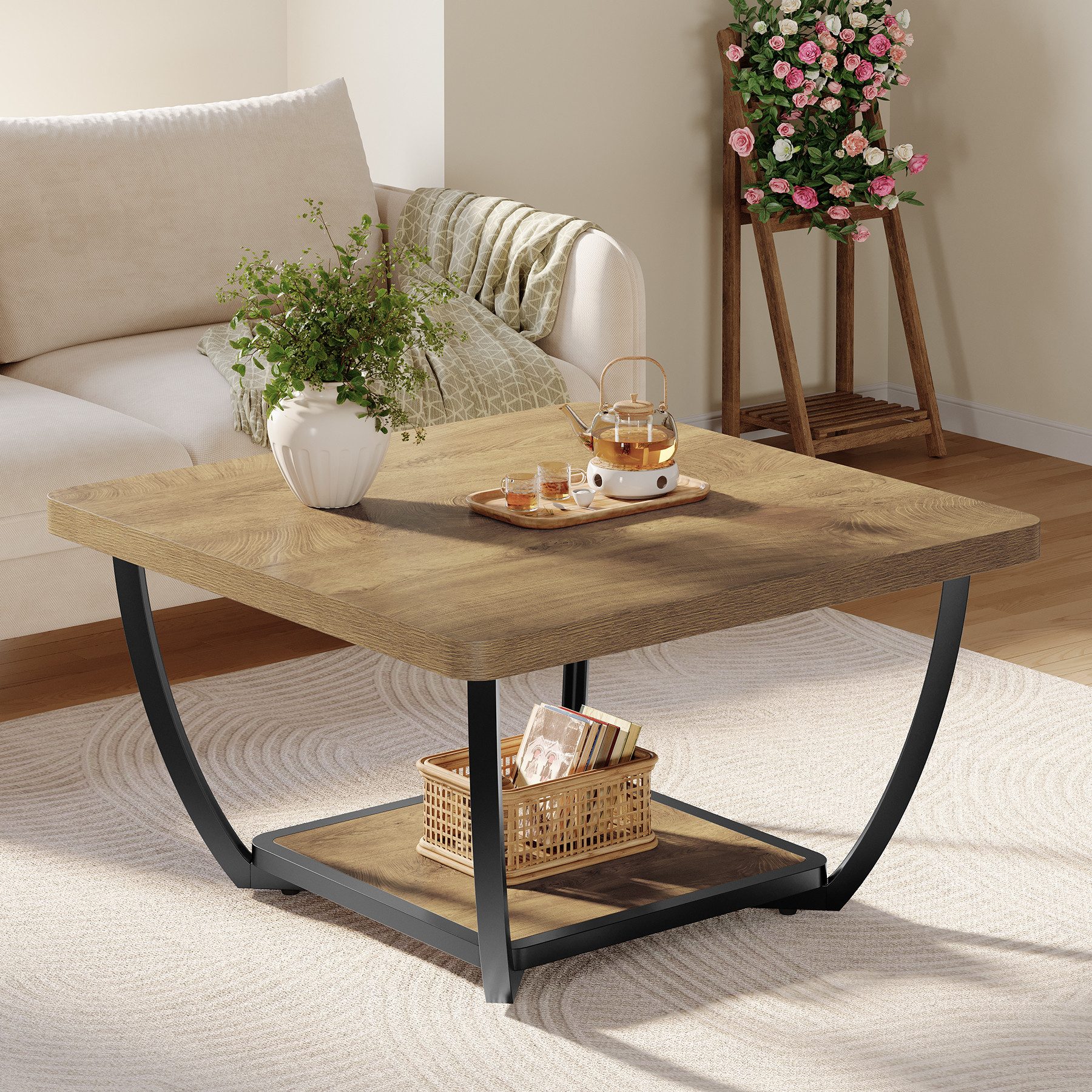 Tribesigns Couchtisch 2-stöckig beistelltisch, 80 cm quadratischer Wohnzimmertisch