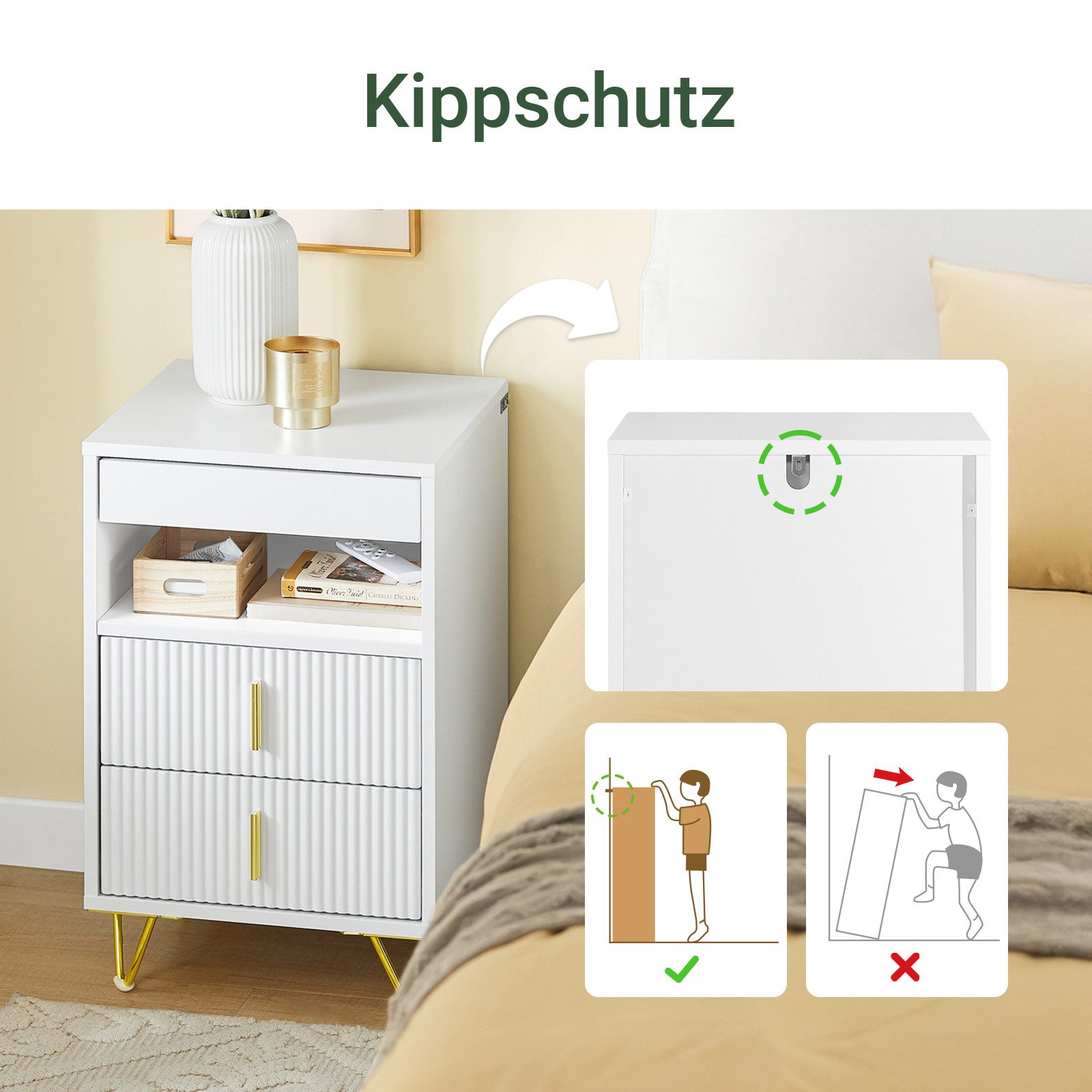 SoBuy Nachttisch FBT168, Nachtschrank schmal Beistelltisch Sofatisch, Nachttisch mit 3 Schubladen, offene Ablage für Schlafzimmer Wohnzimmer – Bild 5 von 5