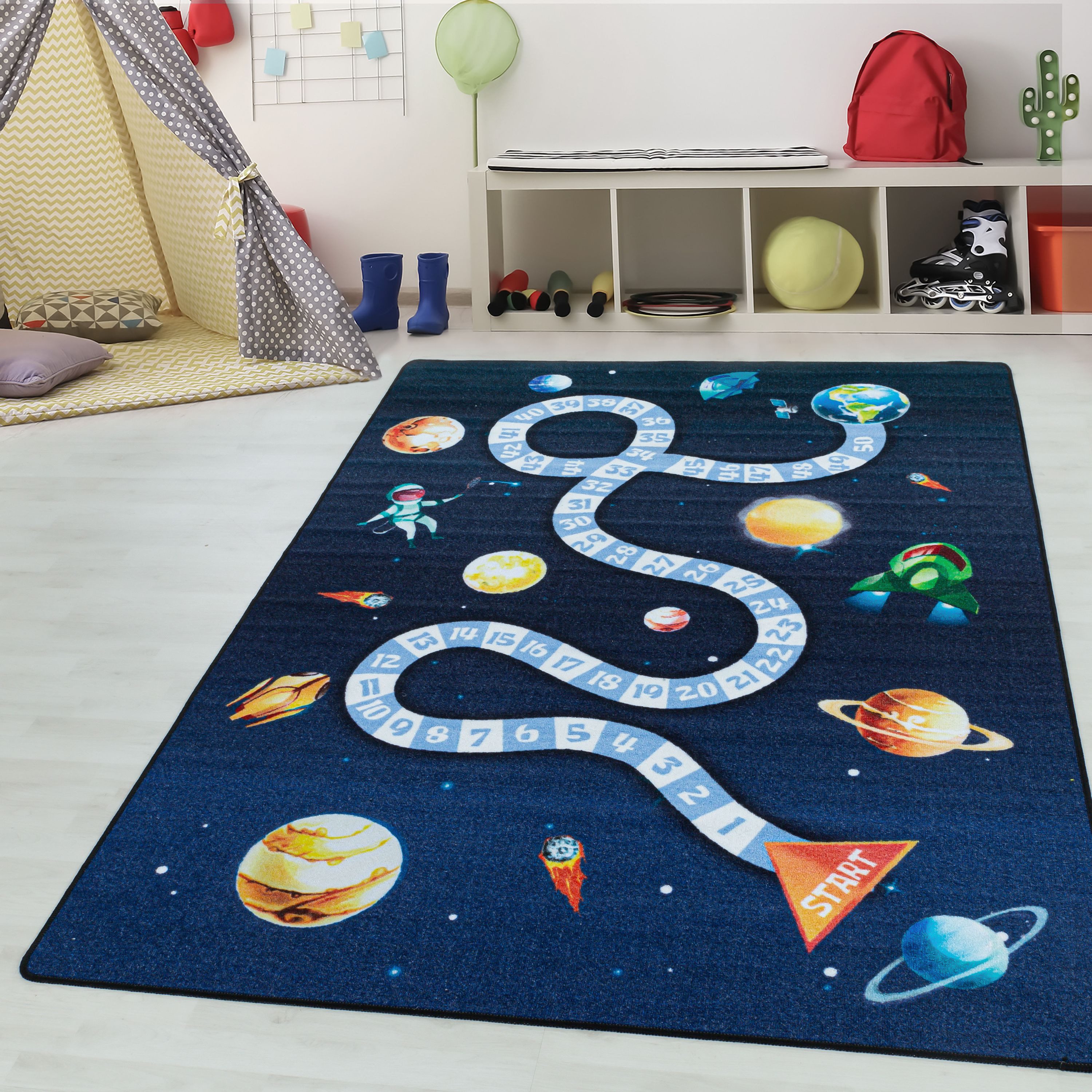 Teppium Teppich Weltraum Design, Rechteckig, Höhe: 7 mm, Teppich Kinderzimmer MarineWeltraum Design Rutschfest Waschbar