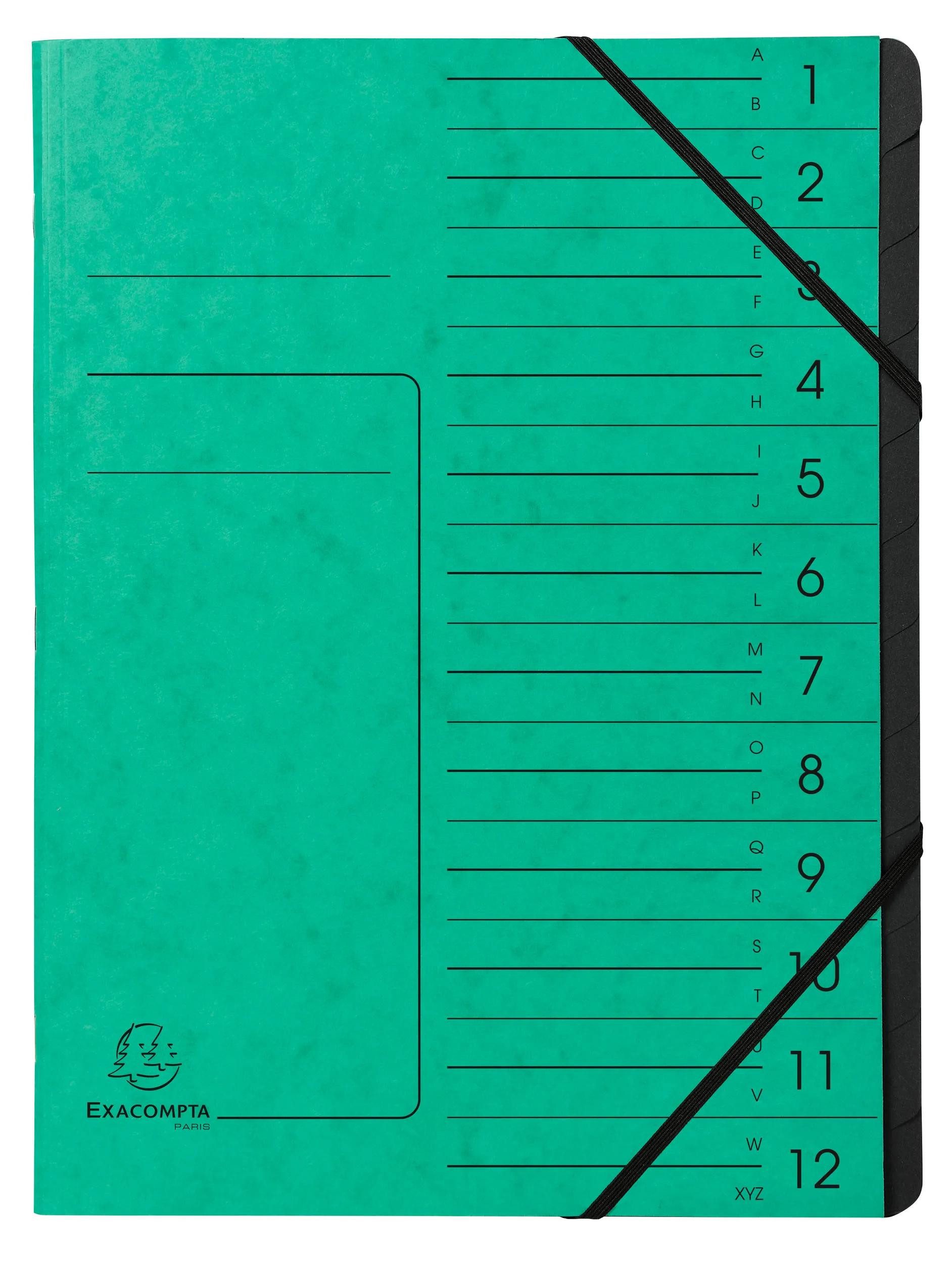 Organisationsmappe 10x Ordnungsmappe + Gummizug innen schwarz 12 Fächer A4 Grün 541203E