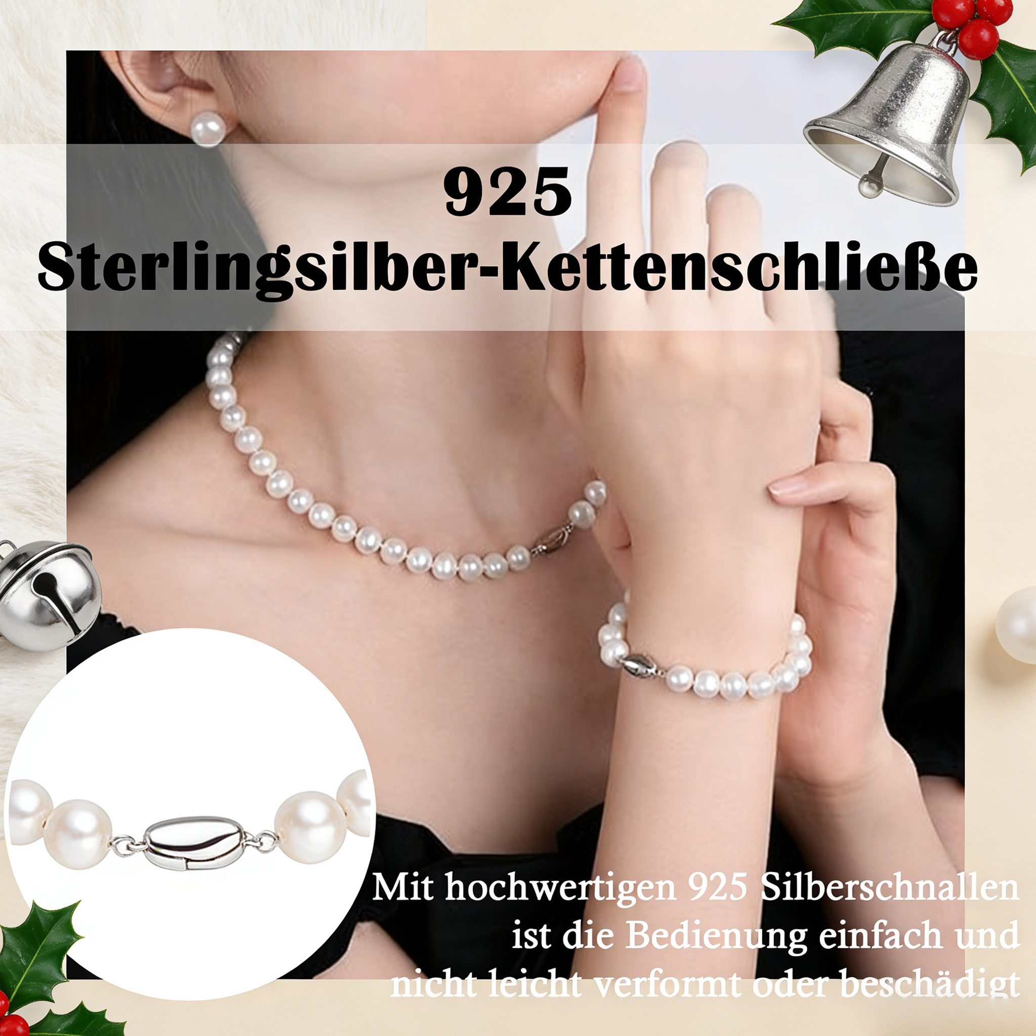 ibettertec Perlenketten-Set 4/5mm, 7/8mm, 9/10mm, Perlenketten-Set Sterling Silber Perlenkette (halskette silber 925, Choker Perle Halskette Set für Frauen Mädchen Dekorationen), Halskette, Armband, Ohrringe