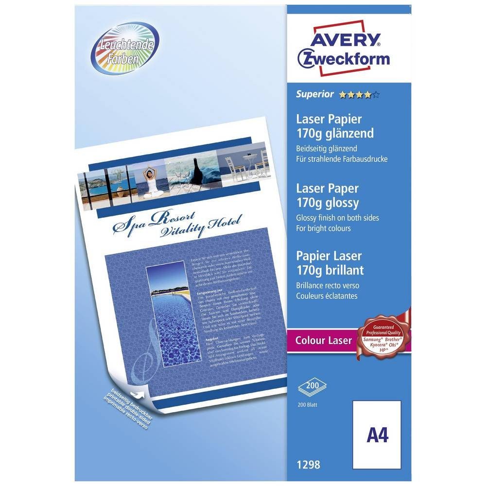 Avery Zweckform Laser-Druckerpapier Avery Zweckform Business Colour Laser Papier, A4 1298, Optimiert für Laser, Glänzend, Beide Seiten bedruckbar, Wischfest