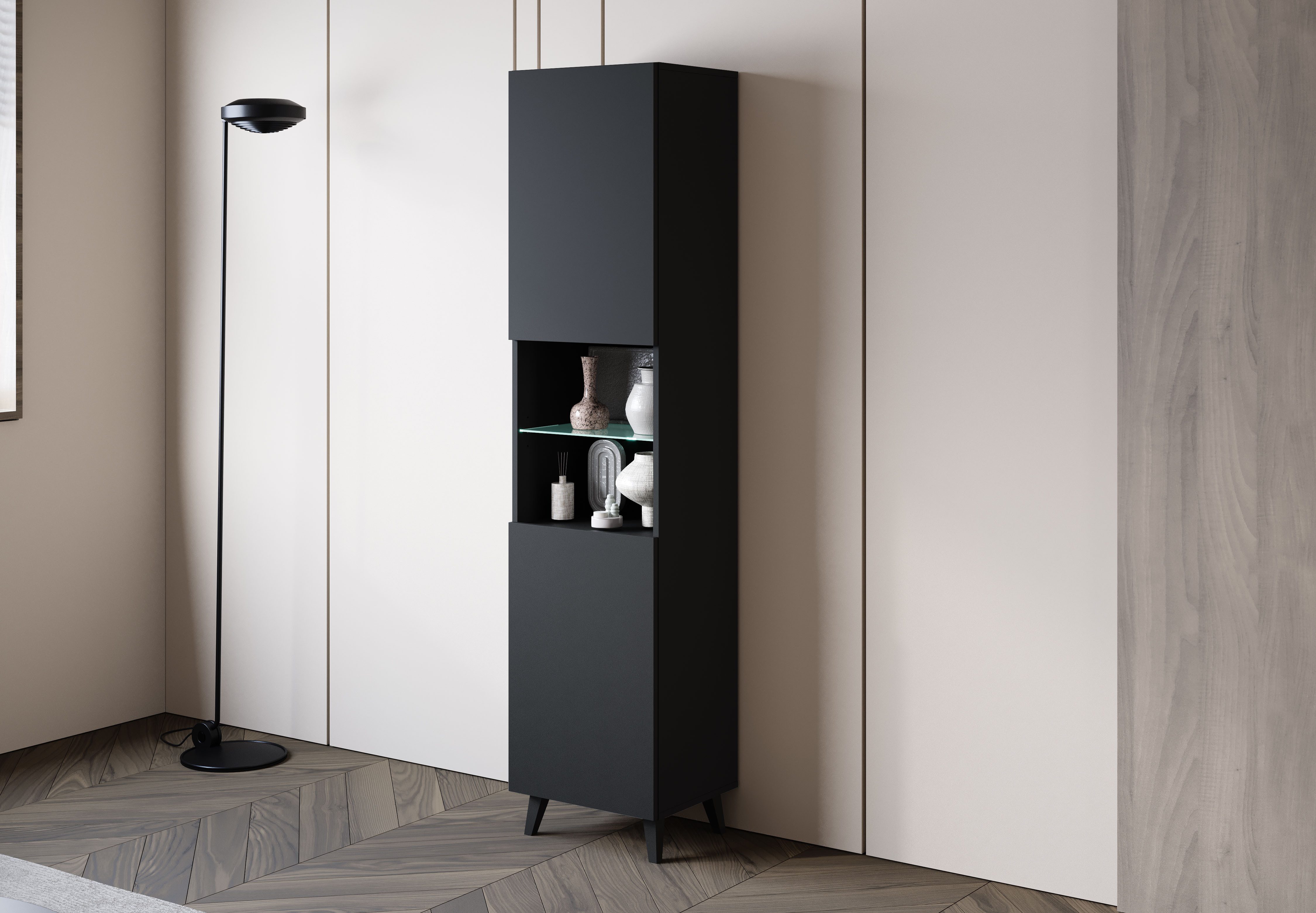 Home affaire Vitrine Phuket, Moderner Wohnschrank mit LED-Beleuchtung und Glasboden (1-St) Verstellbare Einlegeböden für flexible Aufbewahrung