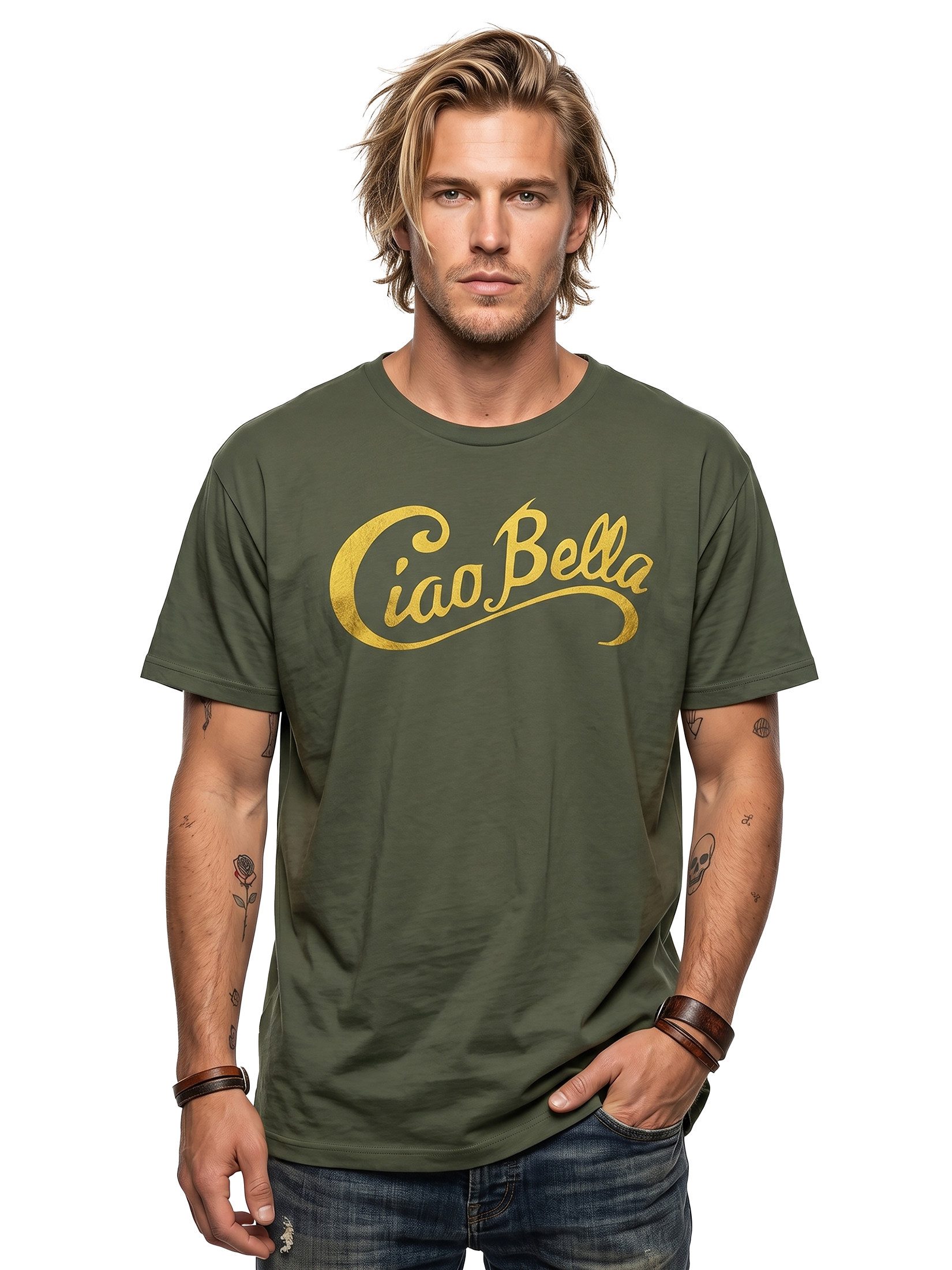 MAKAYA Print-Shirt Herren Italienischer Spruch Ciao Bella Coole Mode Italien Style Logo