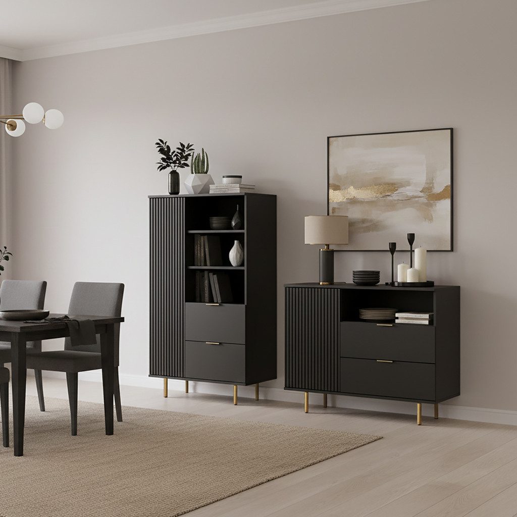 Lomadox Wohnzimmer-Set NADOR-132, (Mega-Spar-Set, 2-St., Highboard Kommode), matt schwarz, goldfarbenen Metallgriffen und -füßen, Front Rillenoptik