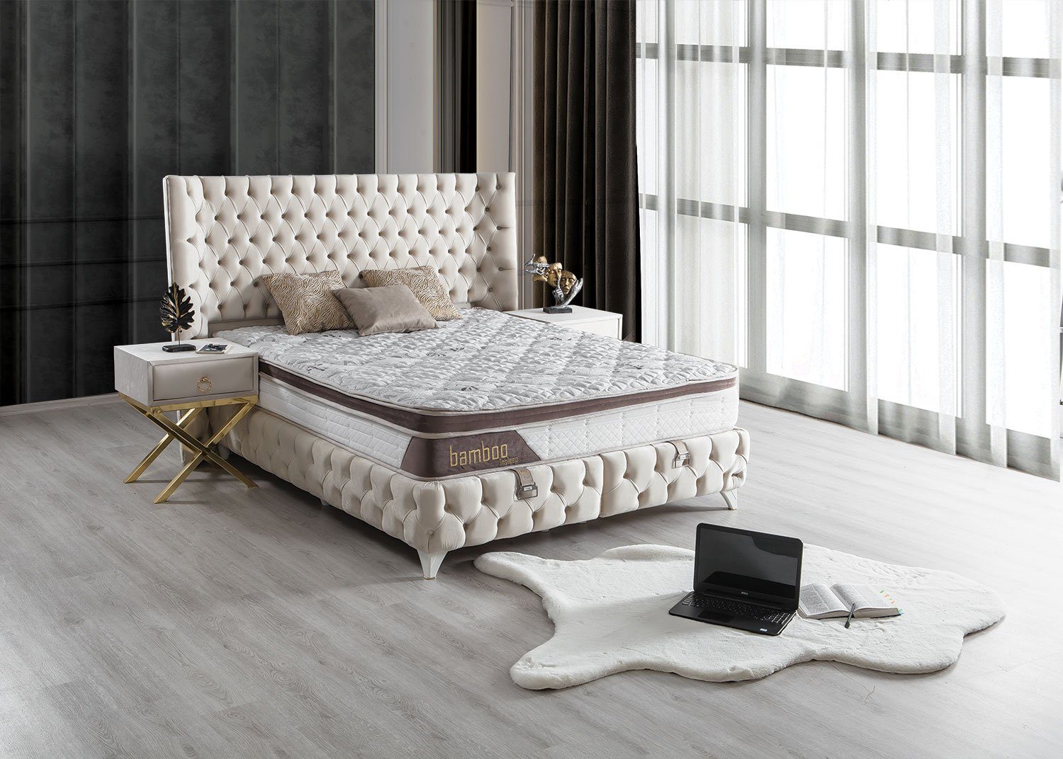 Villa Möbel Boxspringbett La More (Bett Set (mit Matratze), Liegefläche 90x200), Bettkasten mit XXL Stauraum und Gasdruckfedern für einfache Handhabung