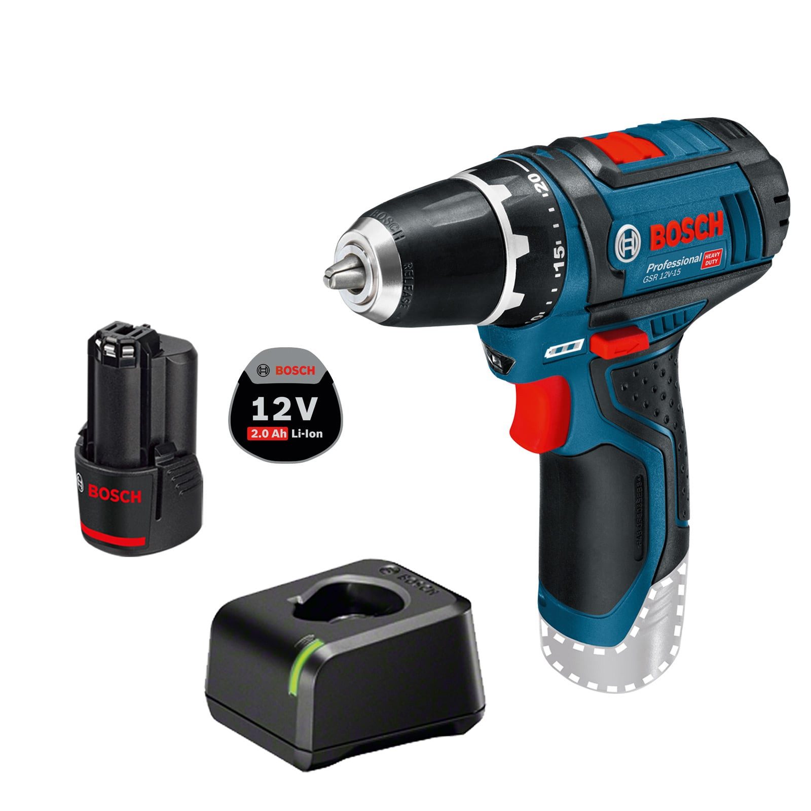 BOSCH Akku-Bohrschrauber Bosch Akku-Bohrschrauber GSR 12V-15 / 1x 2,0 Ah Akku + Ladegerät