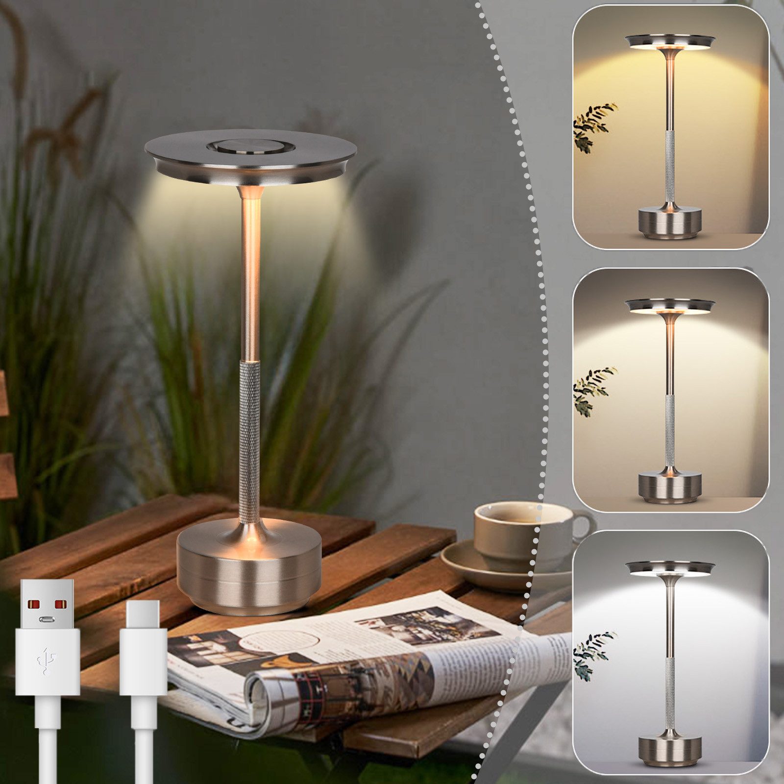 MUPOO LED Tischleuchte Tischlampe Akku Touch Dimmbar mit USB-C,3 Farbtem, S günstig online kaufen