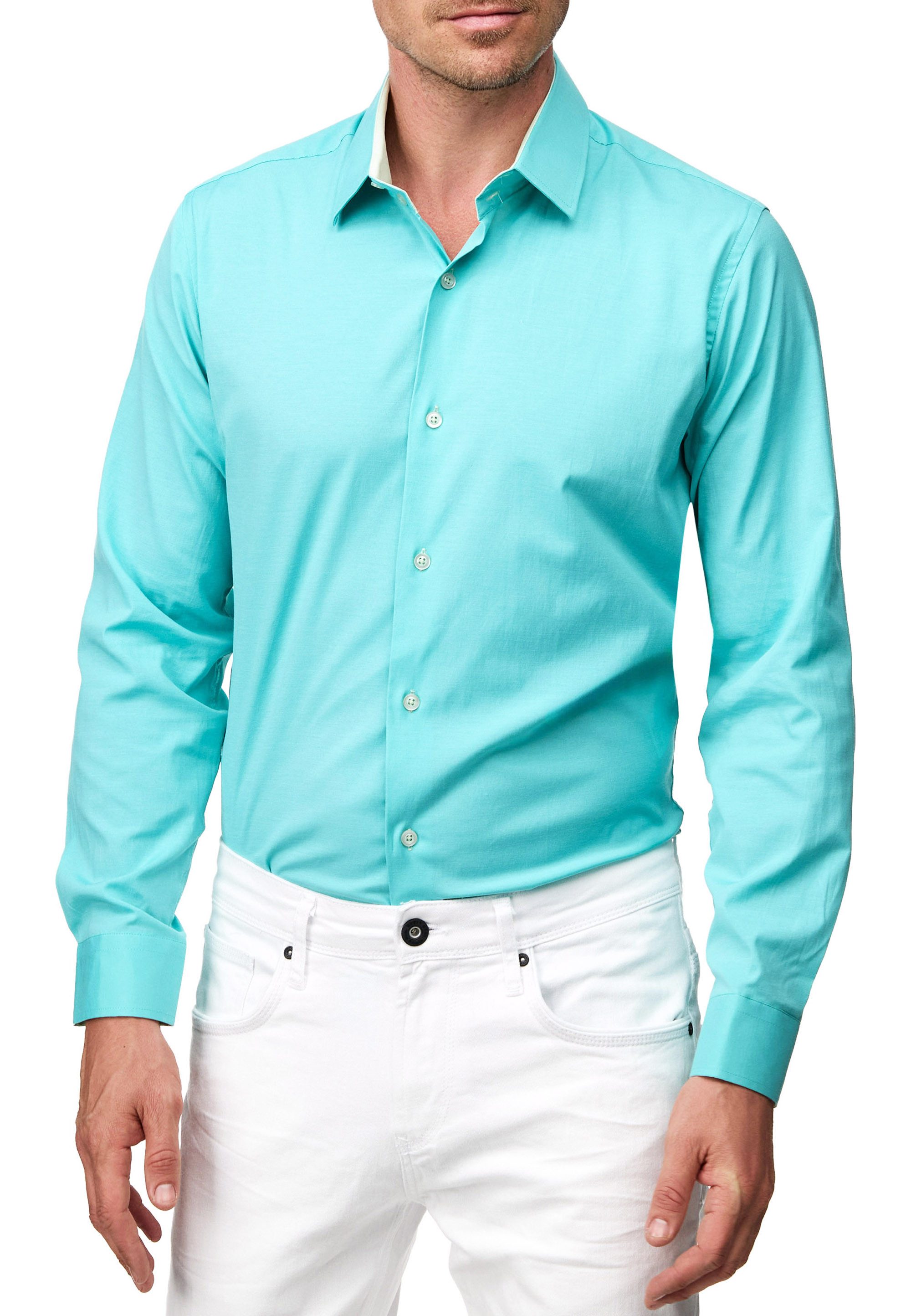 R-NEAL Businesshemd Pastellhemd Herren Slim Fit Hemd Langarm Kontrasthemd Cotton Strech
