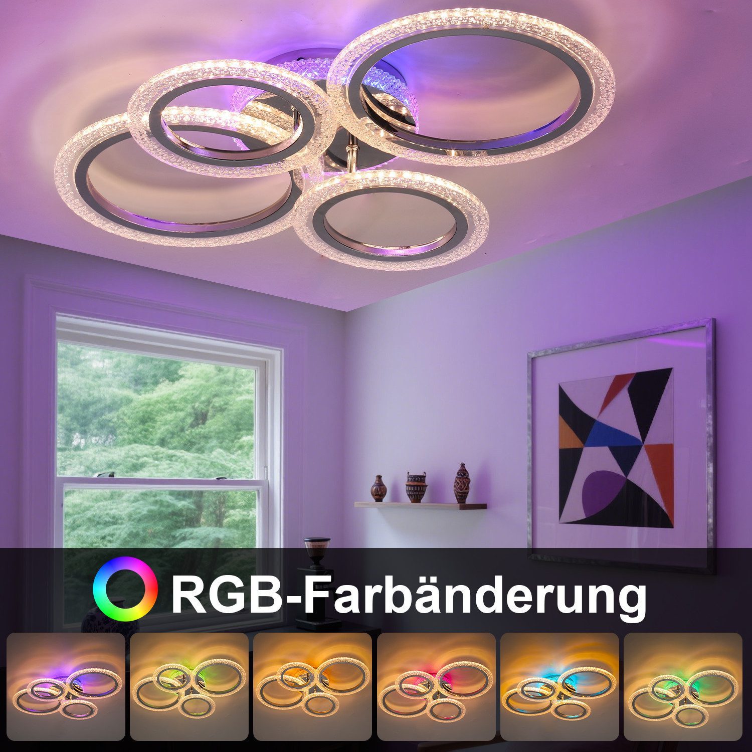 oyajia LED Deckenleuchte 36W Modern 4 Flammig Ringoptik Design deckenlampe, RGB Farbwechsel, LED fest integriert, Warmweiß, Naturweiß, Kaltweiß, RGB, Kristall-Lichteffekt Deckenleuchte rund für wohnzimmer Schlafzimmer