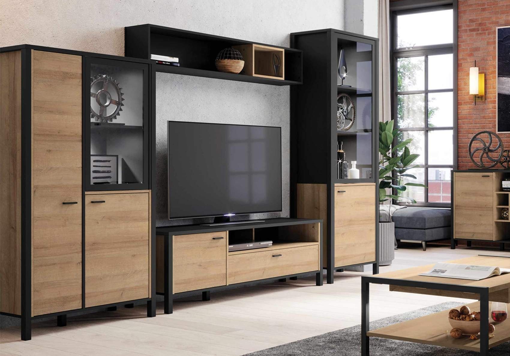 FORTE Wohnwand Wohnkombination HIGH ROCK 4-tlg. Riviera Eiche Optik ...