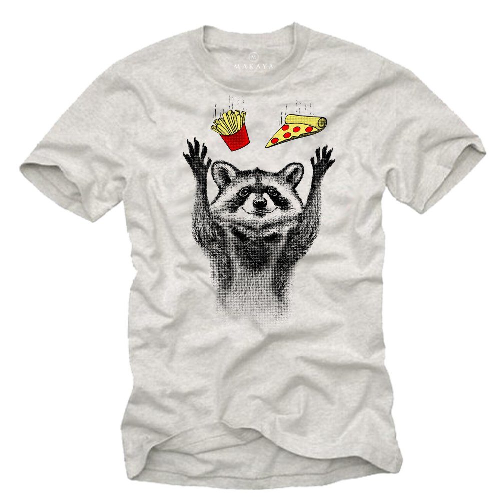 MAKAYA T-Shirt Waschbär Motiv Pizza Pommes Burger Grill BBQ Tiermotiv Tiere Funshirt mit Druck, aus Baumwolle Grau-Meliert | T-Shirts