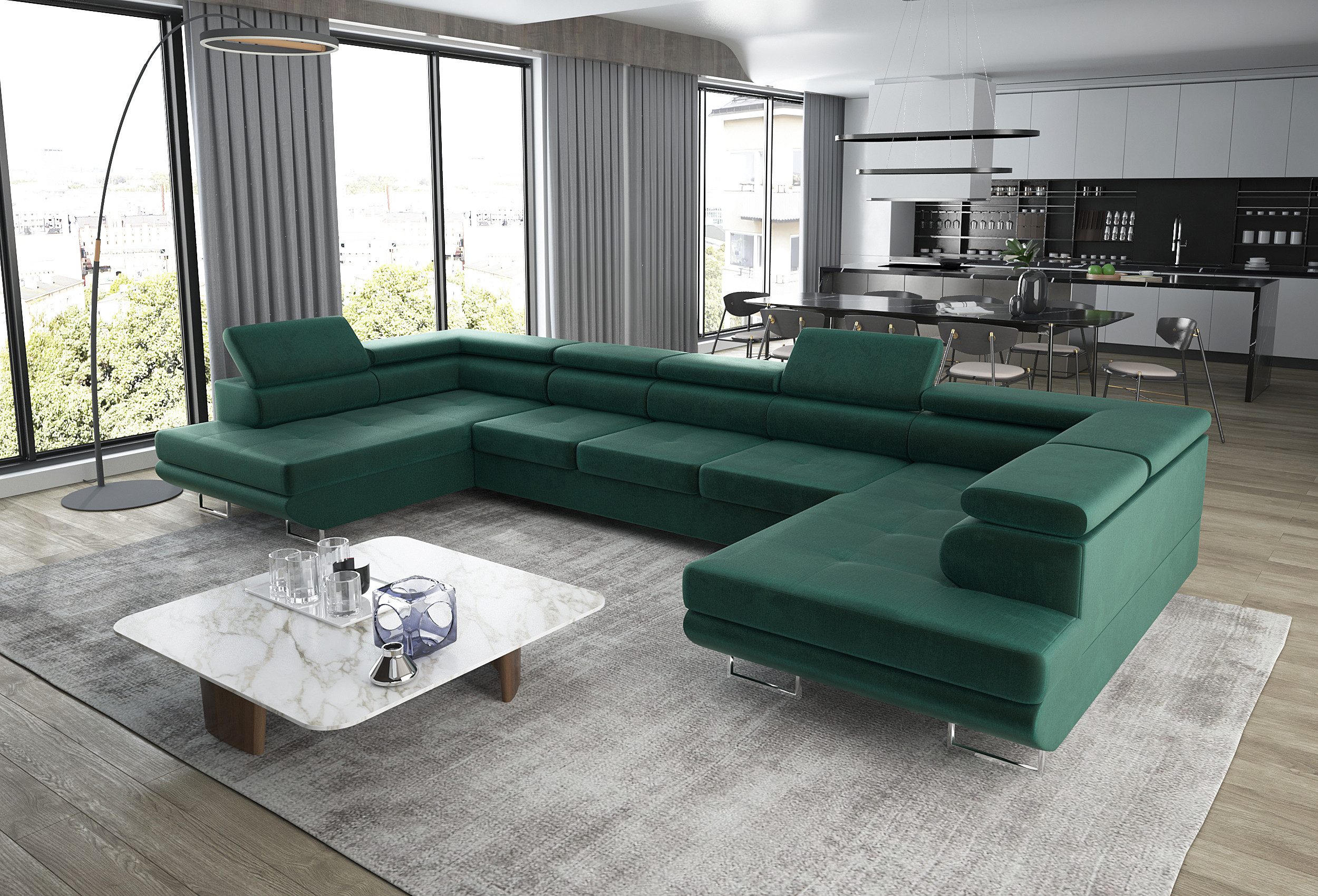thematys Ecksofa Aston U 403 x 203cm mit Schlaffunktion & Bettkasten –, U-Sofa mit verstellbaren Kopfstützen, Samt (Monolotith), oder Cord (Poso), - U-Form, XL-Wohnlandschaft, 390 cm breit