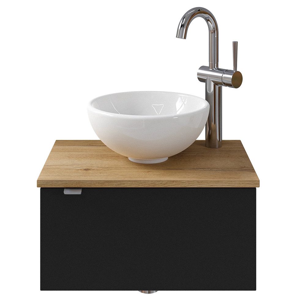 Lomadox Waschtisch AMADORA-66, schwarz mit Eiche Nb., 50 cm, Türanschlag rechts, Keramikwaschbecken