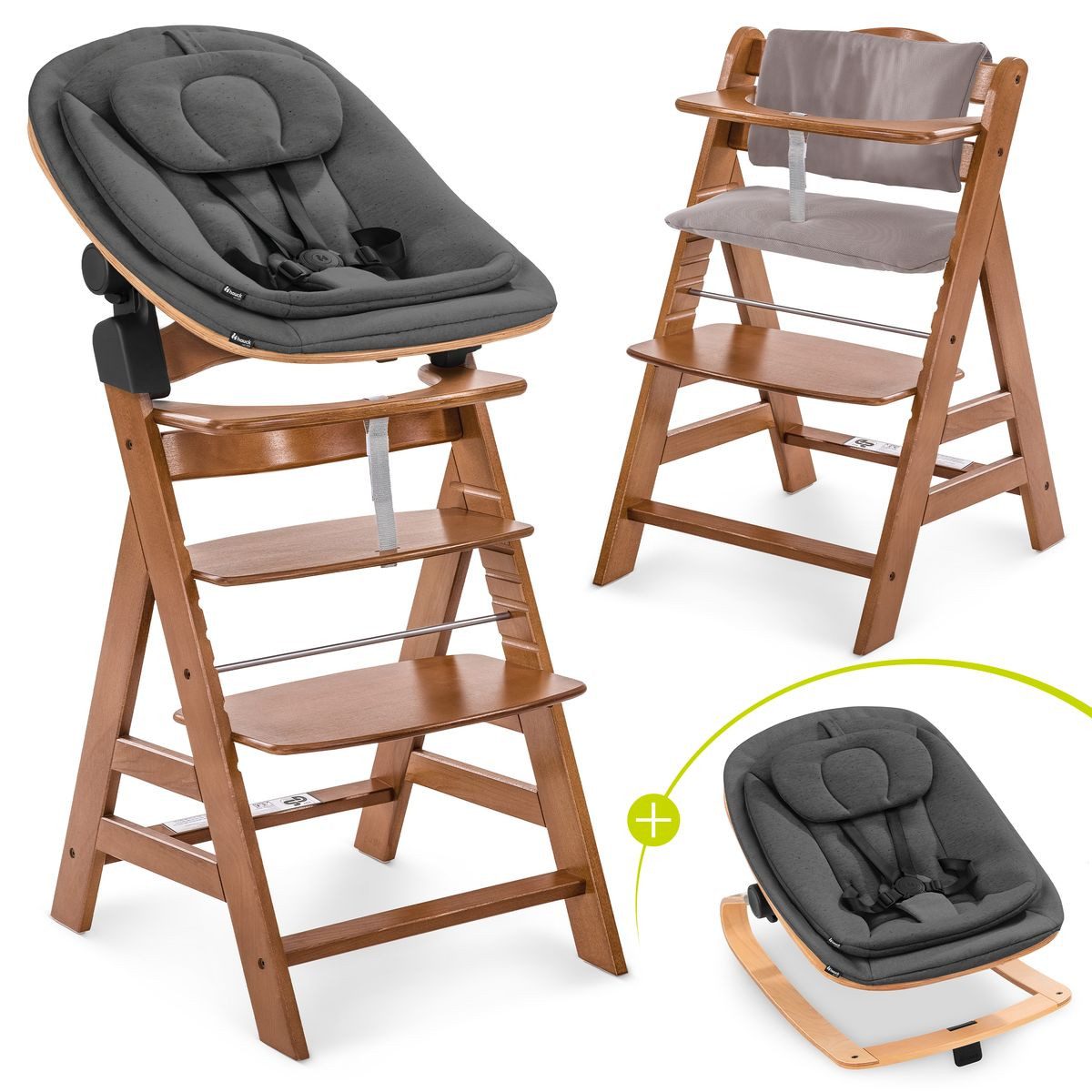 Hauck Hochstuhl Alpha Plus Newborn Set Eco - Walnut, Holz Babyhochstuhl ab Geburt inkl. Neugeborenenaufsatz & Sitzauflage