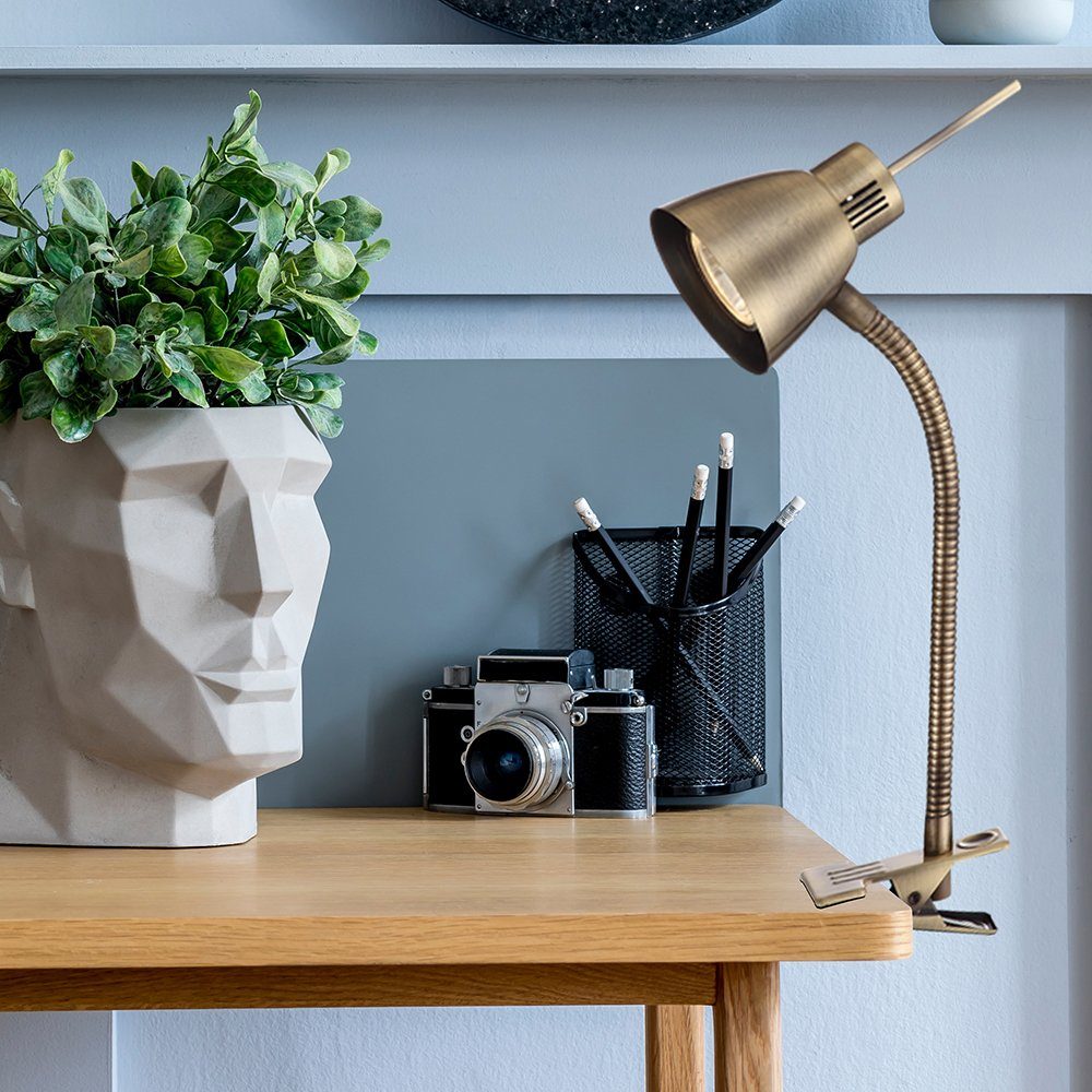 GLOBO LIGHTING Klemmleuchte, Leuchtmittel inklusive, Warmweiß, Nachttischlampe Klemmleuchte altmessing Tischlampe