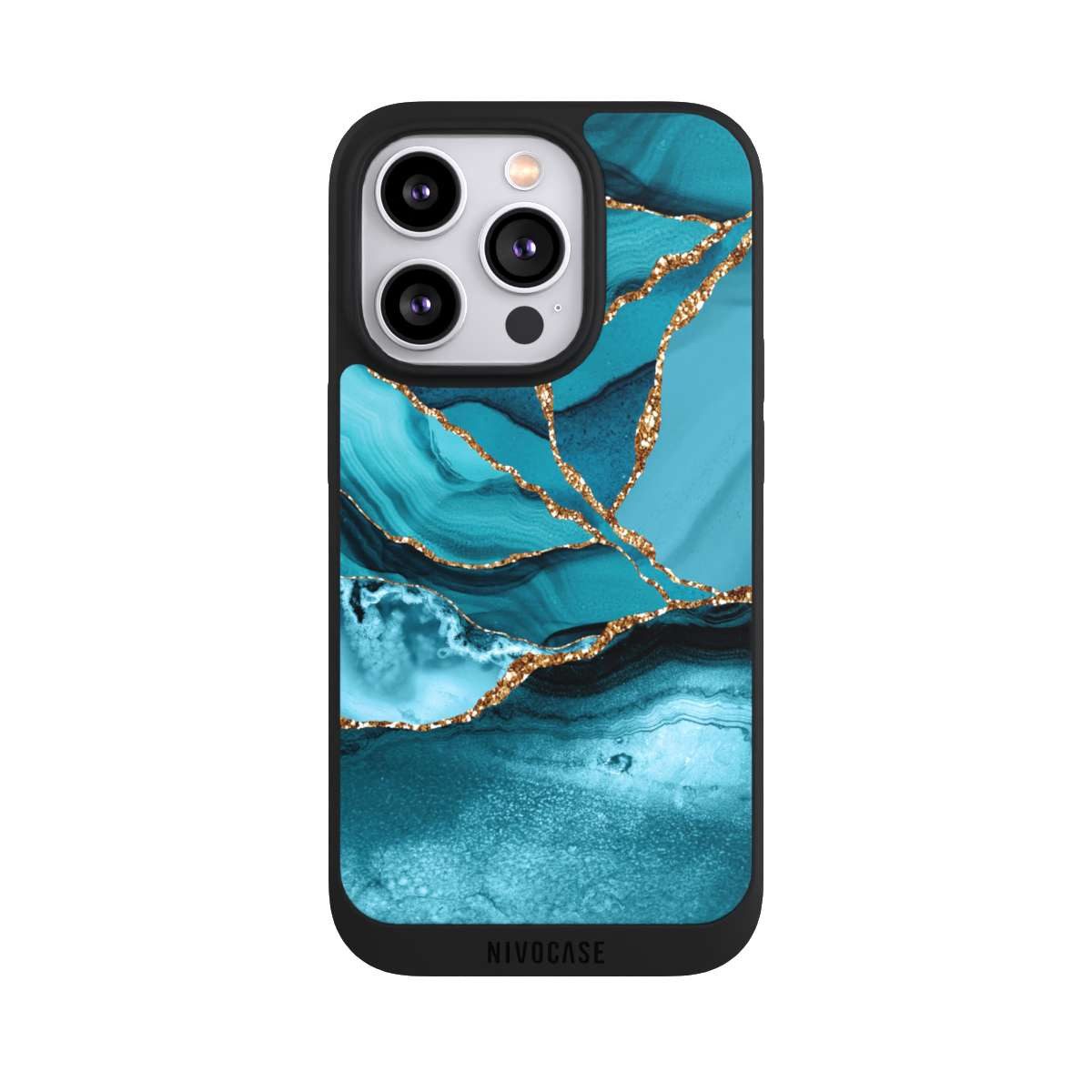 NIVOCASE Handyhülle Edelstein Glitzer Look Marmor Eisblaue Marmor Landschaft, Apple iPhone 14 Pro Handyhülle Hülle NIVOpure Case Schwarz