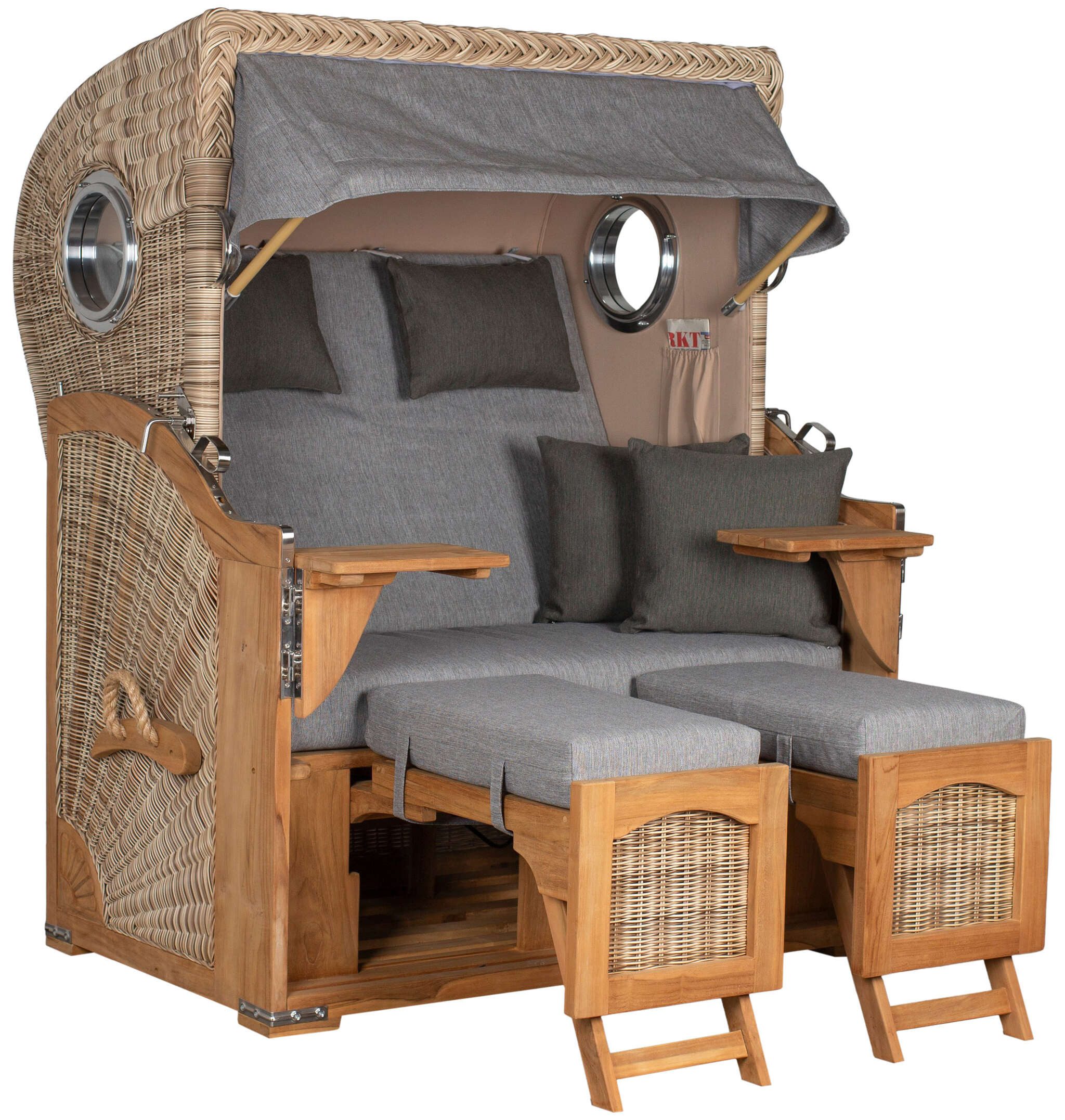 MR.DEKO Strandkorb 2-Sitzer Düne Teak PE Shell Bullauge 125x80x170cm, BxTxH: 125x80x170 cm, Volllieger, Düne, (Fertig montierter Strandkorb für Garten, Terrasse & Balkon), Wetterfester Volllieger mit Edelstahlbeschlägen & waschbaren Polstern