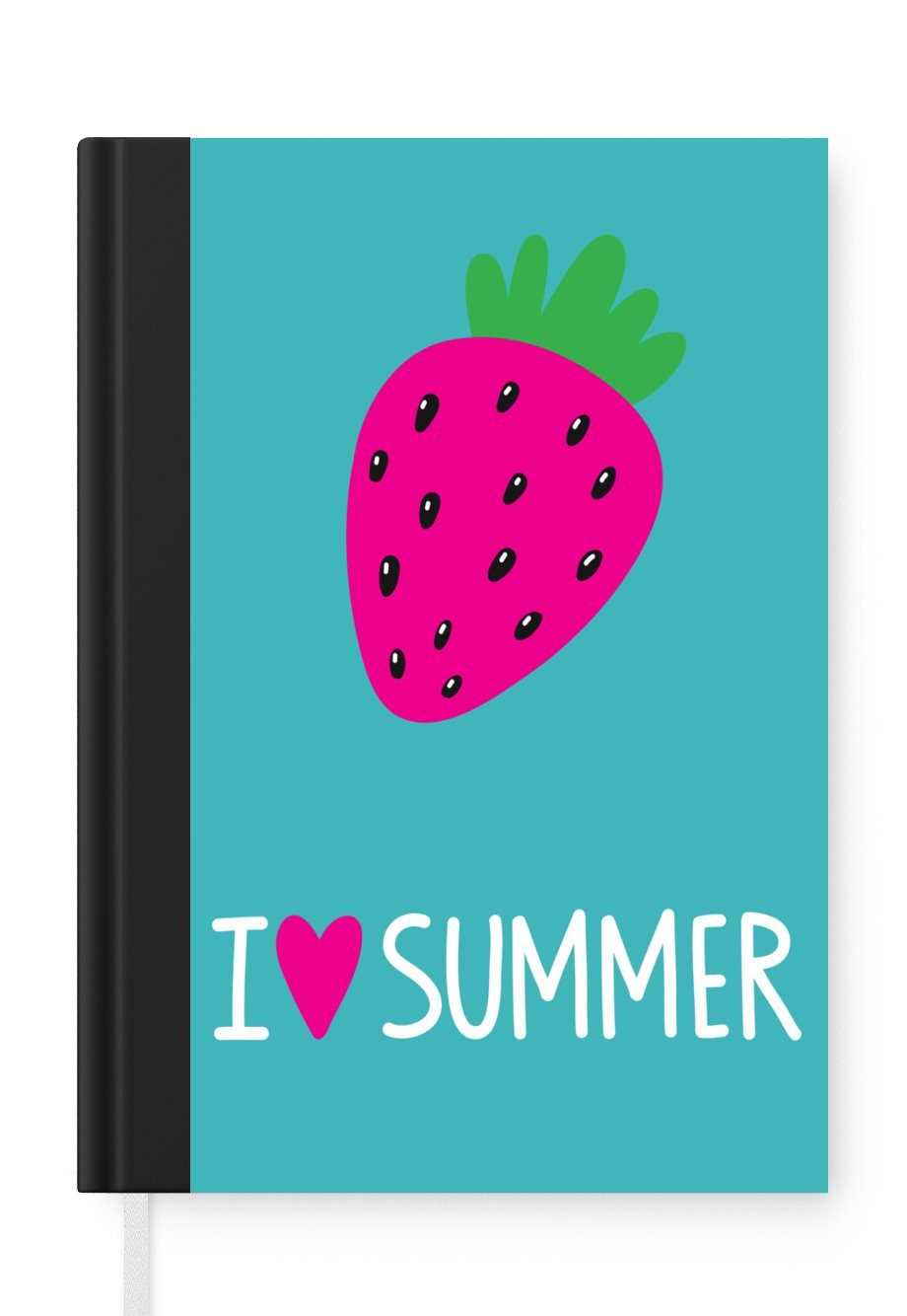 MuchoWow Notizbuch Illustration mit einer Erdbeere und dem Zitat "I love summer"., Journal, Merkzettel, Tagebuch, Notizheft, A5, 98 Seiten, Haushaltsbuch