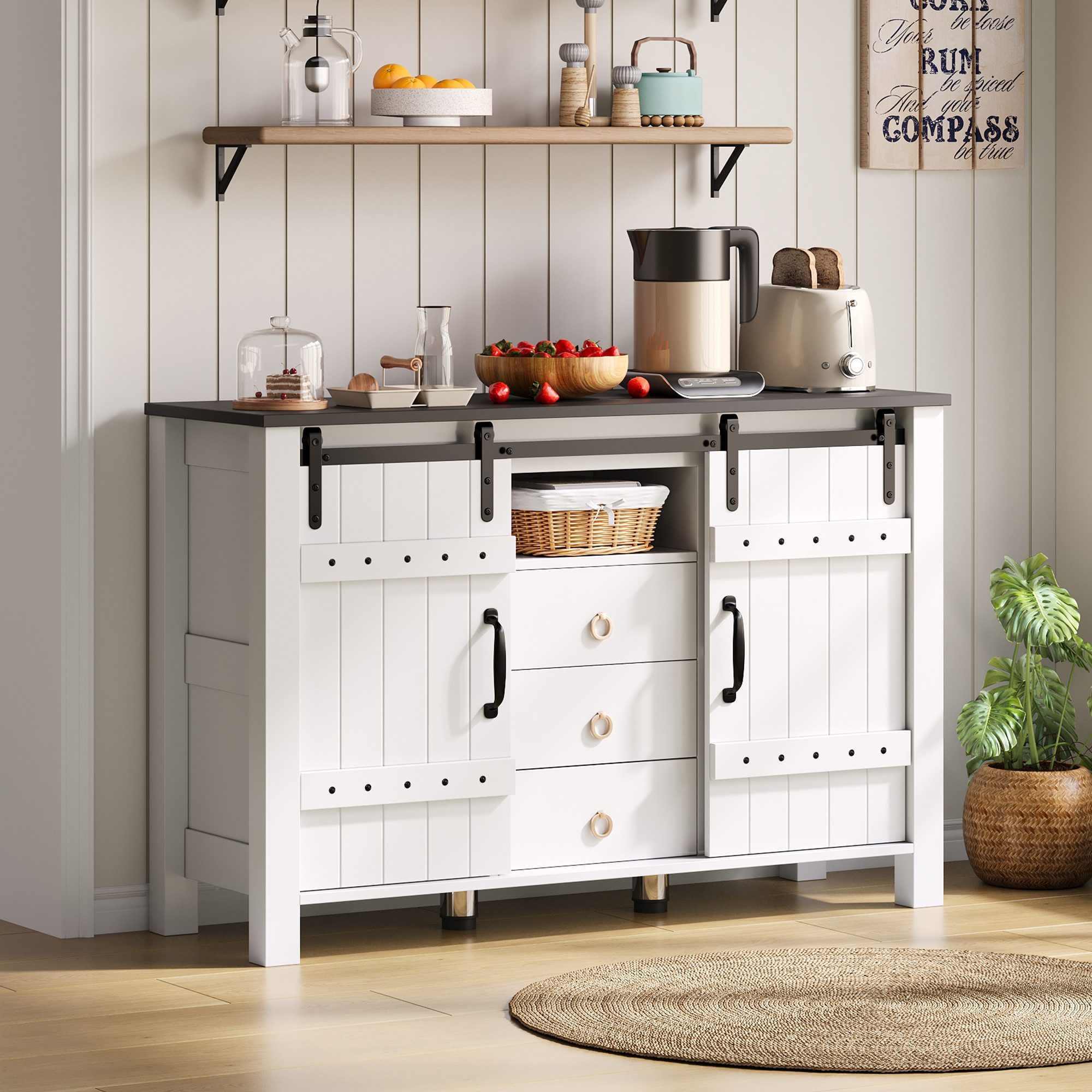 REDOM Sideboard Vintage Küchenbuffet,Kommode (mit Schiebetüren & 3 Schubladen – 120 cm, Weiß, Stabil mit Kippschutz, Robustes MDF, Viel Stauraum), mit Schiebetüren und 3 Schubladen
