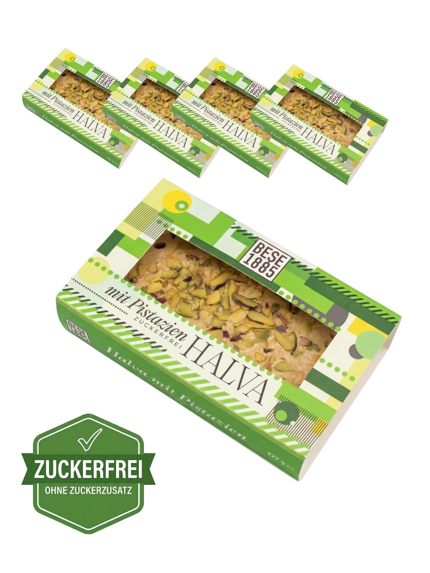 BESE1885 Süßigkeit Zuckerfreie Tahin Helva mit Pistazien & Datteln – 227g Premium Halwa, Ohne Glukosesirup, Palmöl