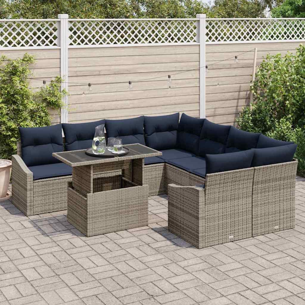 vidaXL Gartenlounge-Set Garten-Sofa-Set mit Kissen mit Speicher 9 pcs Grau Poly-Rattan, (9-tlg)