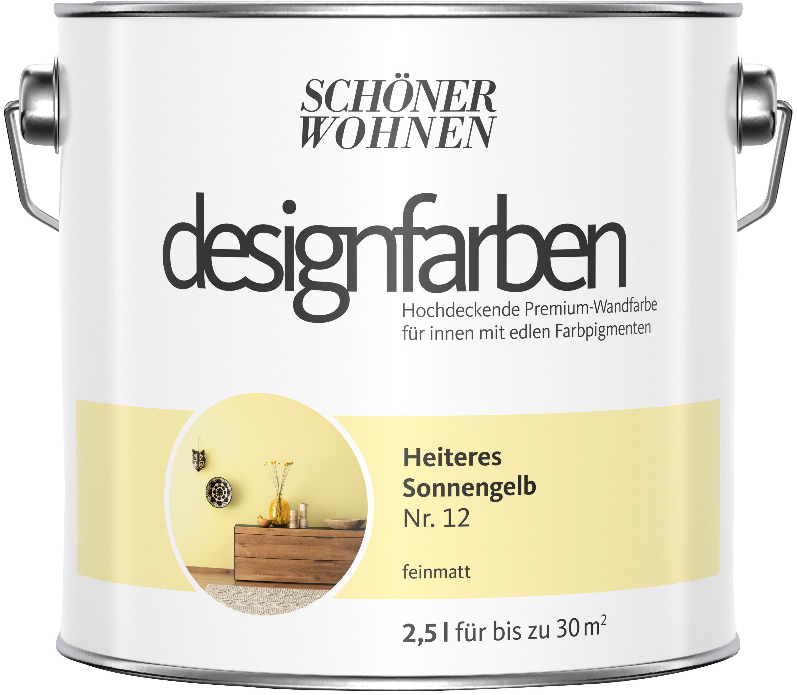 SCHÖNER WOHNEN FARBE Wand- und Deckenfarbe Designfarben, 2,5 Liter, Heiteres Sonnengelb Nr. 12, hochdeckende Premium-Wandfarbe