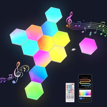 BlingBin LED Panel 12er-Pack Smart RGB Sechseck Gaming Wandleuchte, mit Musik Sync Fernbedienung, LED fest integriert, RGB, DIY Waben Wand Licht mit Alexa und Google Assistant