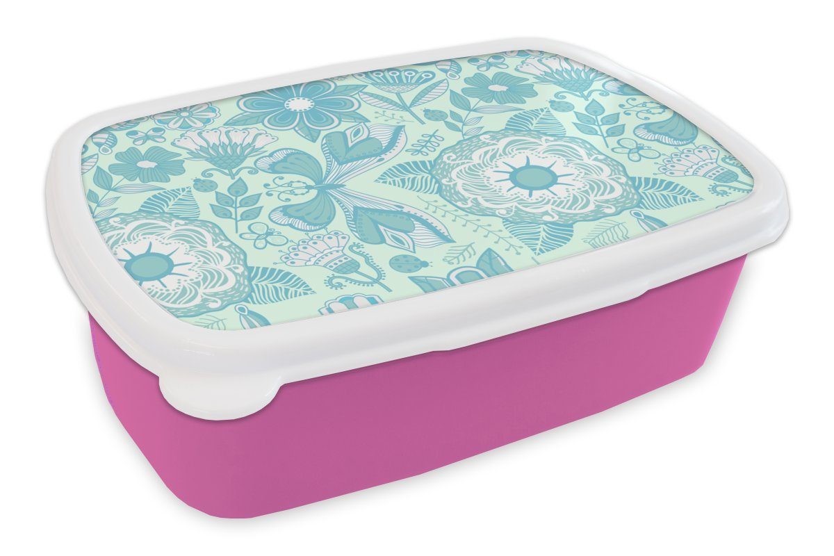 MuchoWow Lunchbox Blumen - Blau - Weiß - Muster, Kunststoff, (2-tlg), Brotbox für Erwachsene, Brotdose Kinder, Snackbox, Mädchen, Kunststoff rosa