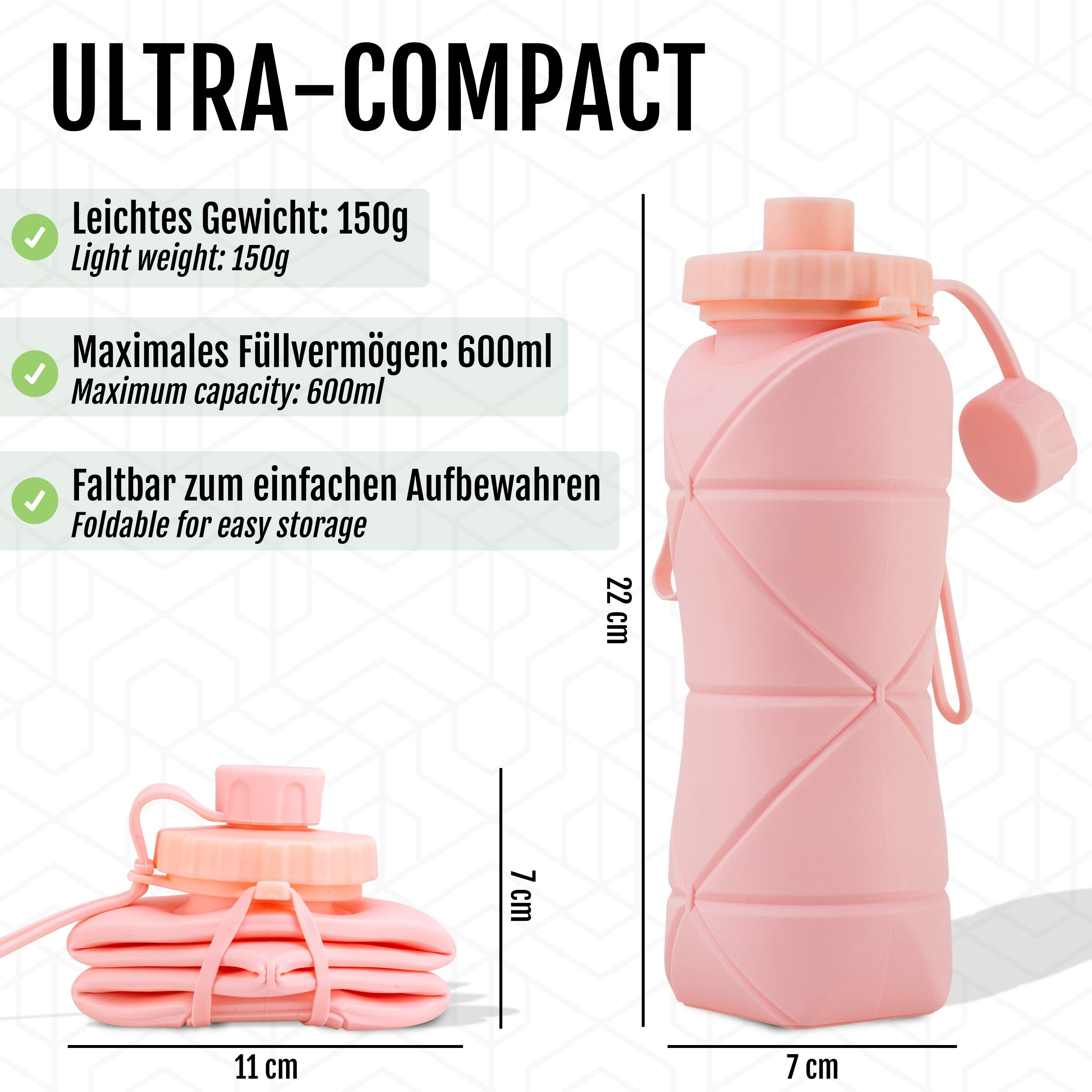 Perfekto24 Trinkflasche Faltbare Trinkflasche Rosa (600ml) Wasserflasche - aus Silikon in