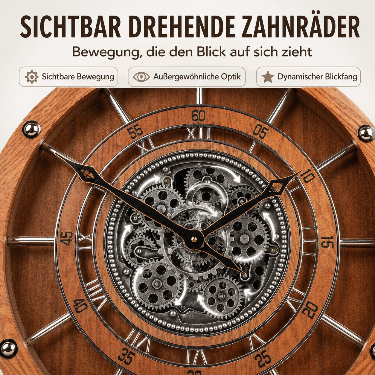 formano Wanduhr Wanduhr 60cm mit drehenden Zahnrädern Braun Industrial Stil Holz (Sichtbar bewegliche Zahnräder)
