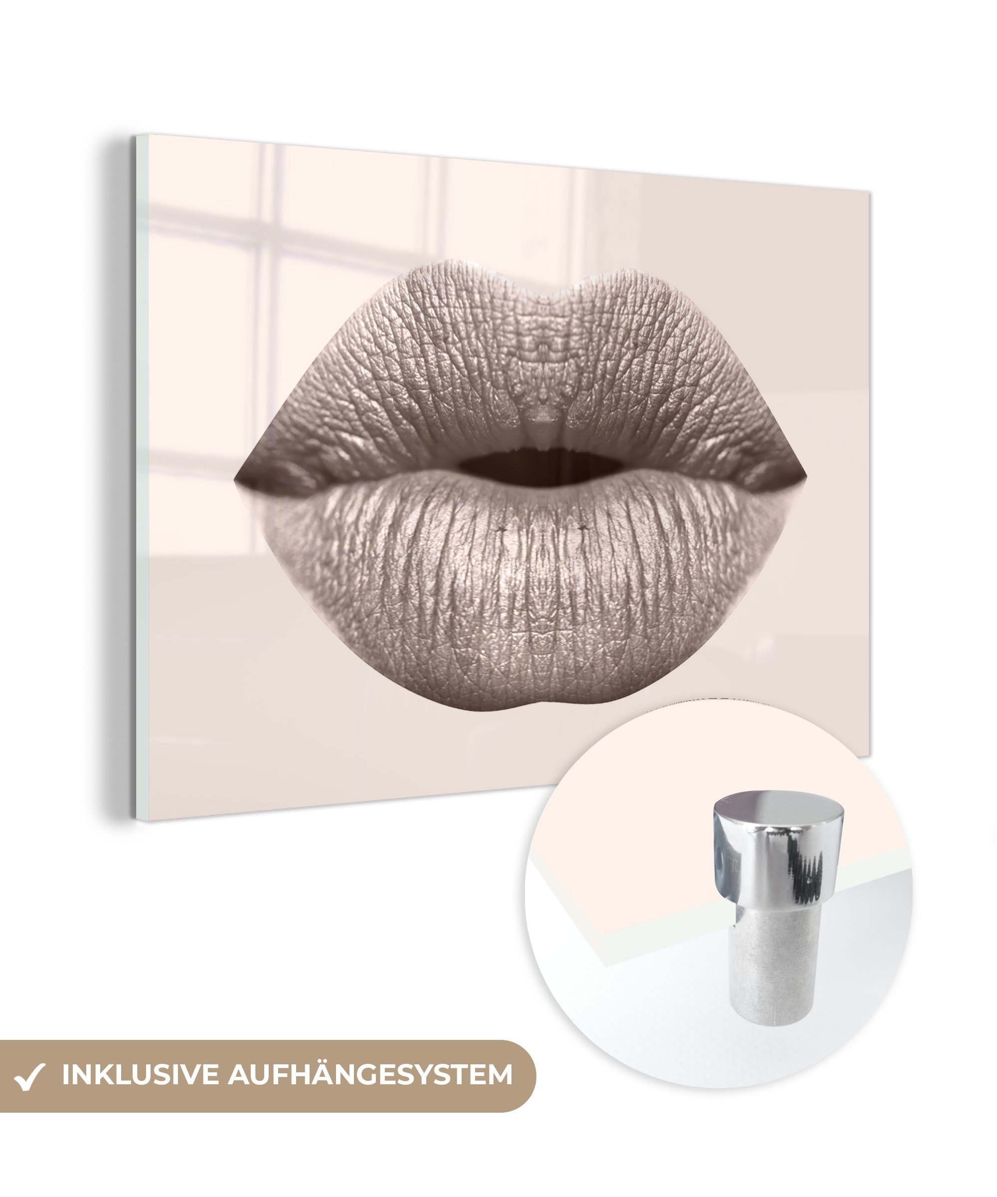 MuchoWow Acrylglasbild Lippen - Pastell - Grau, (1 St), Glasbilder - Bilder auf Glas Wandbild - Foto auf Glas - Wanddekoration | Bilder