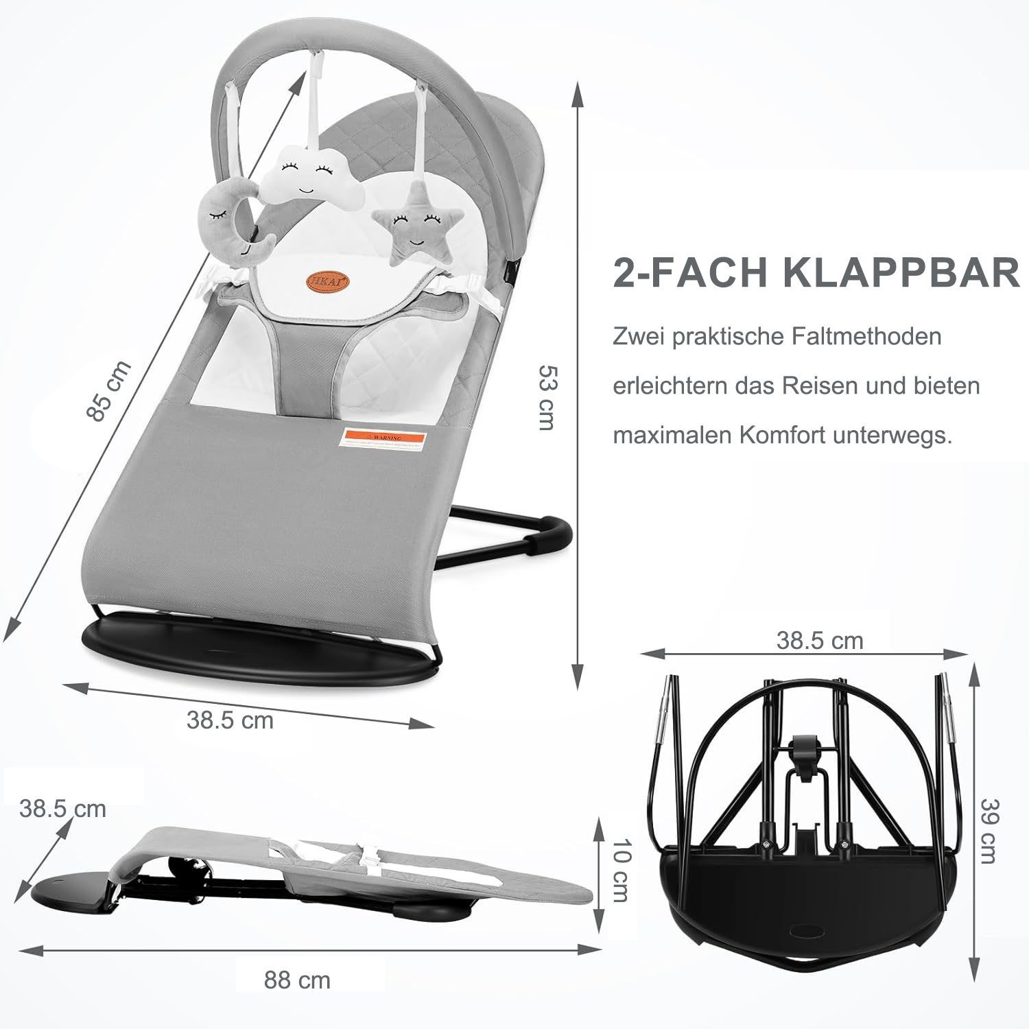 SURFOU Baby Bouncer, Baby Swing, Baby Bouncer with Toy Bar and 3 Toys, 0-6 Months up to 9 kg, Ergonomically Height Adjustable with Toy Arch