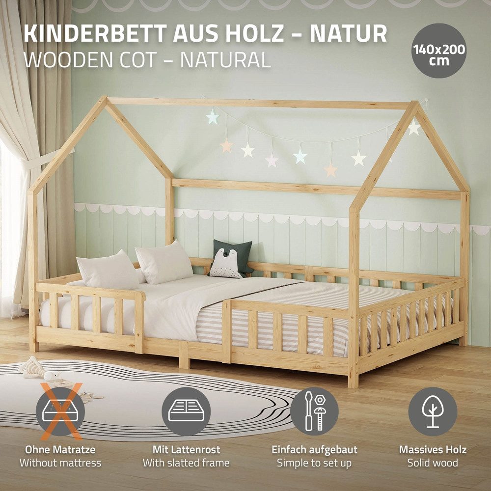 ML-DESIGN Spielbett Hausbett Kinderbett inkl. Lattenrost kreativ Bodenbett für Kinder, Abenteuerbett ohne Matratze 140x200cm Holzbett Kiefer Bettgestell